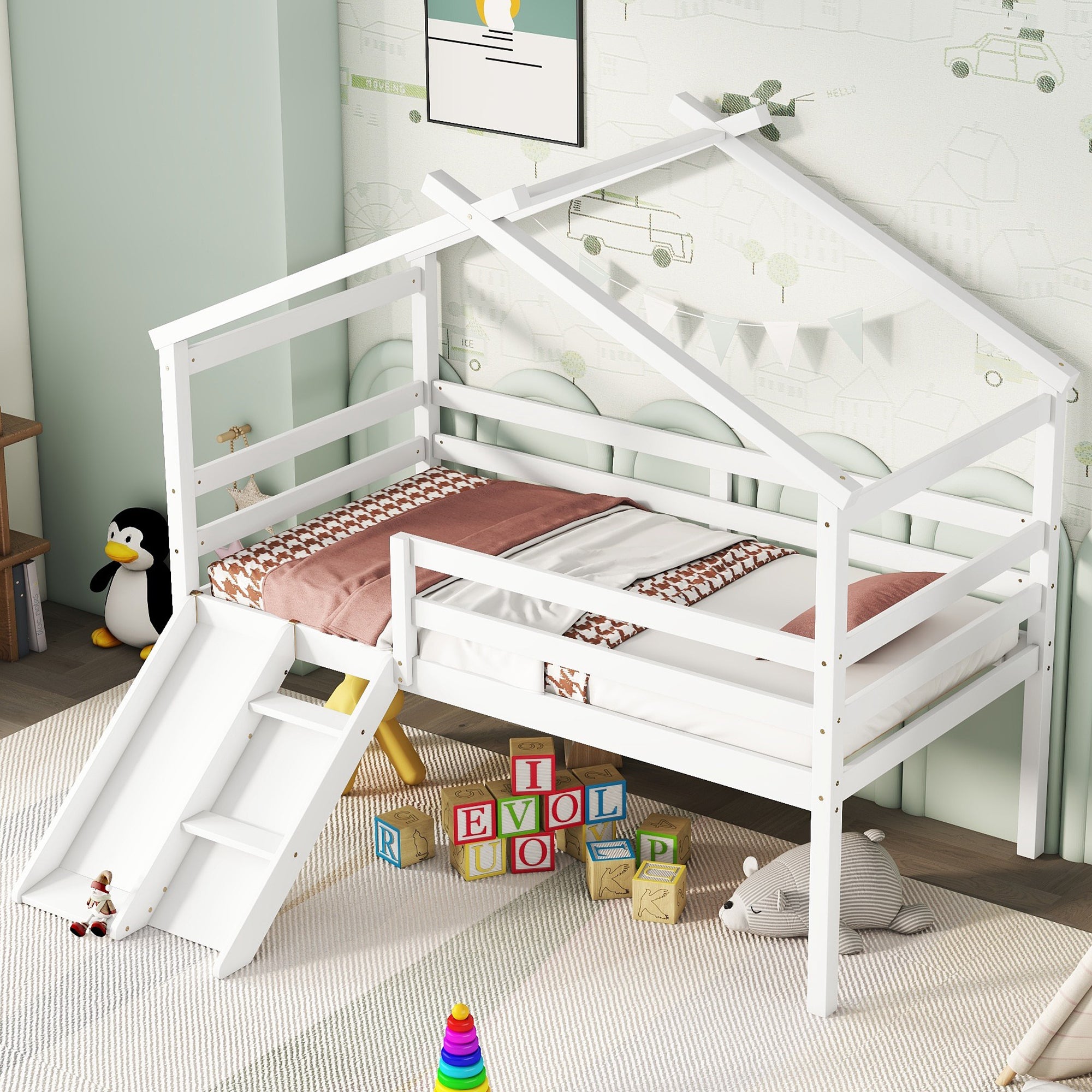 White Twin Low Loft House Bed with Slide and Ladder