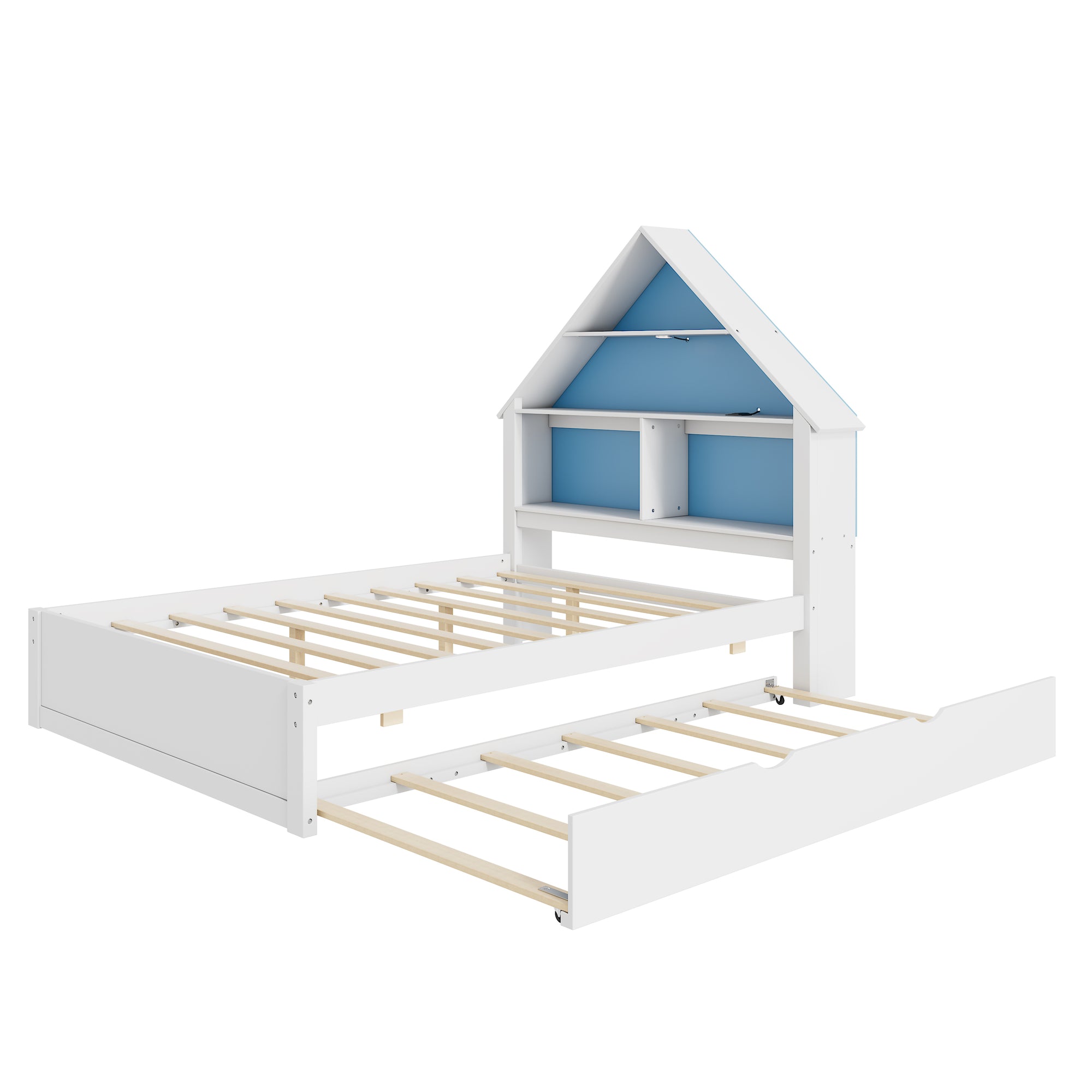 White & Blue Full House-Shaped Bed Frame with Trundle, Shelves, and LED Nightlight