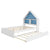 White & Blue Full House-Shaped Bed Frame with Trundle, Shelves, and LED Nightlight