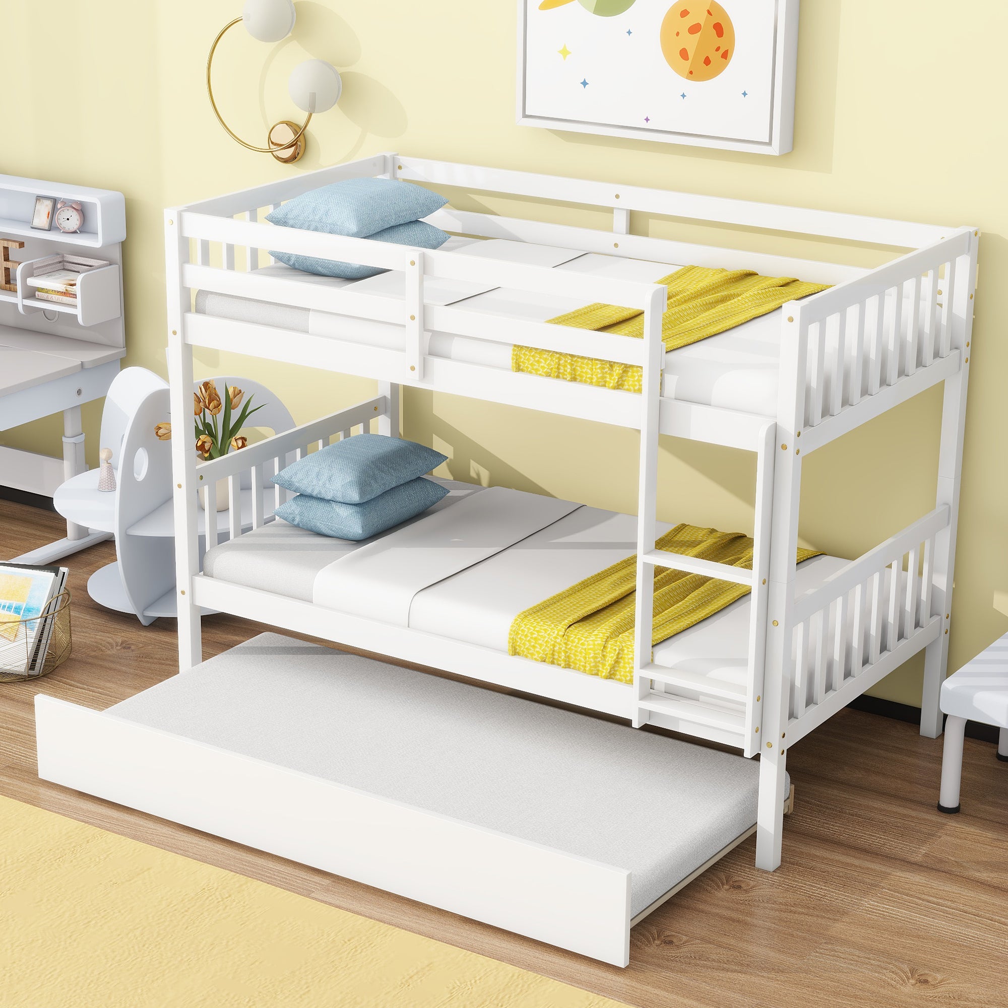 Convertible Twin Over Twin Rubber Wood Bunk Bed with Trundle