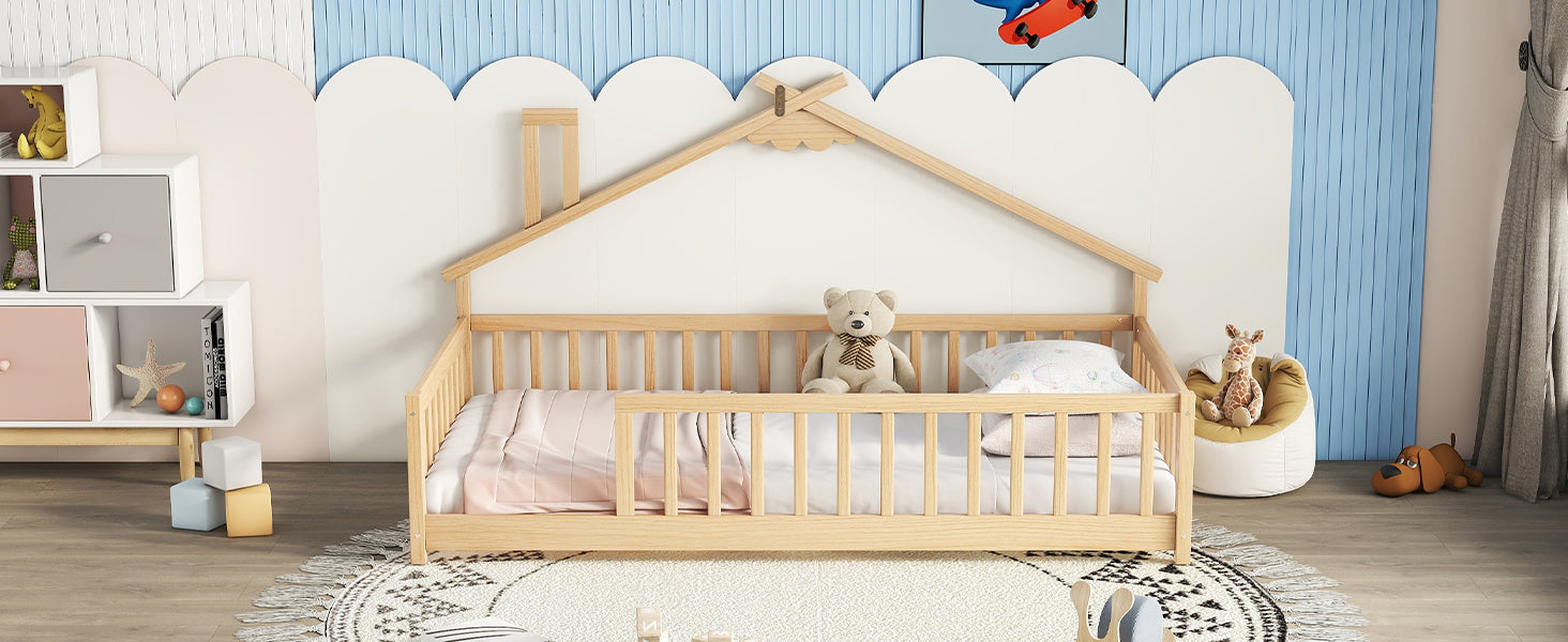 Twin House-Shaped Toddler Floor Bed with Guardrails and Fence in Natural Tones