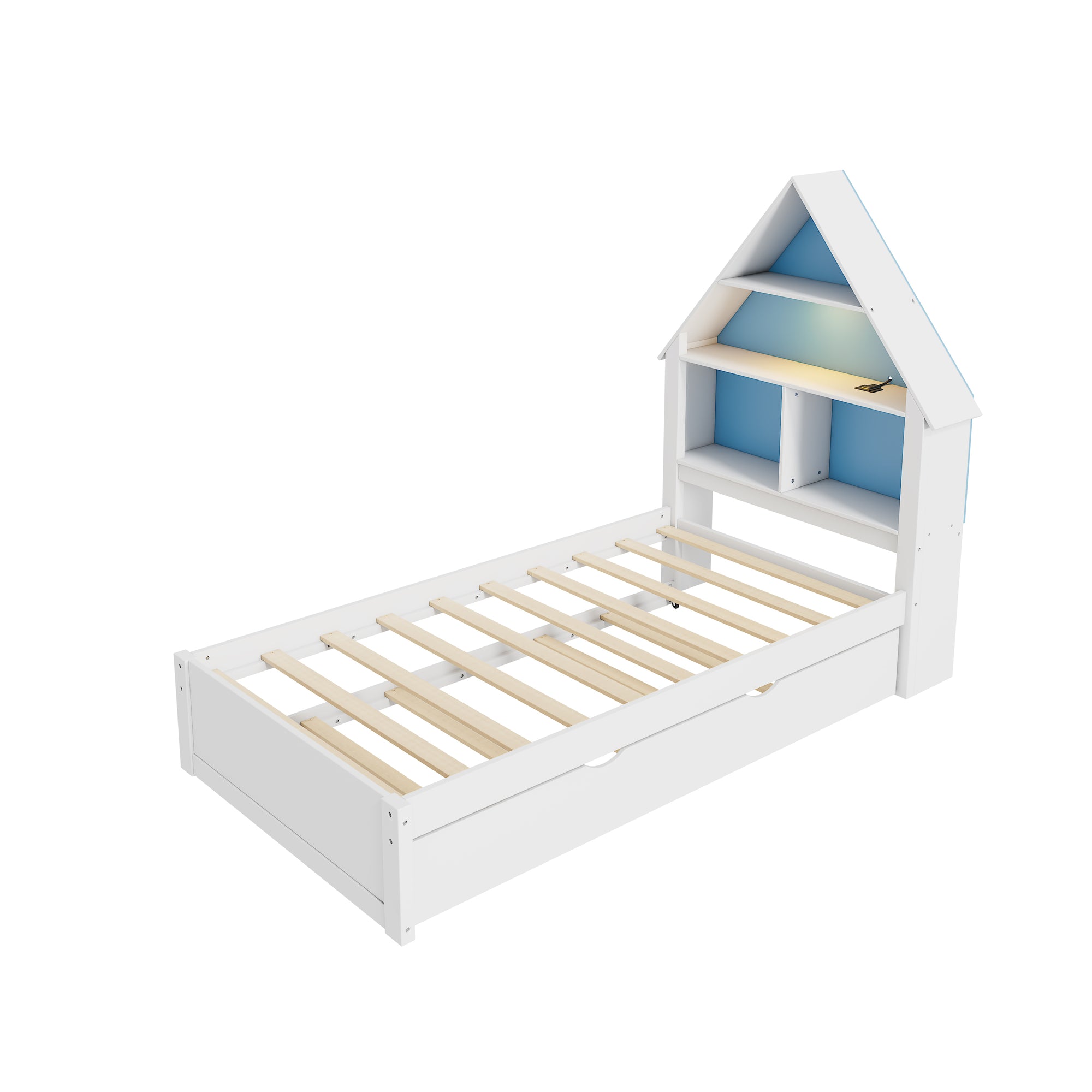 White & Blue Twin Size Bed with Bookcase, Trundle, and Motion-Activated Nightlight