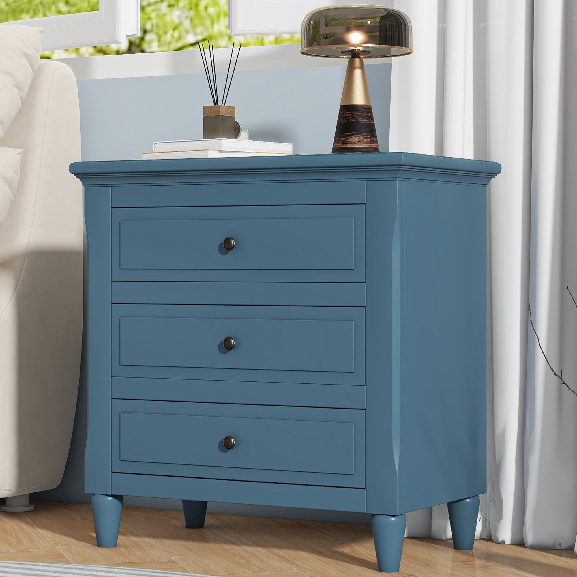 3-Drawer Nightstand Storage Wood Cabinet In Blue