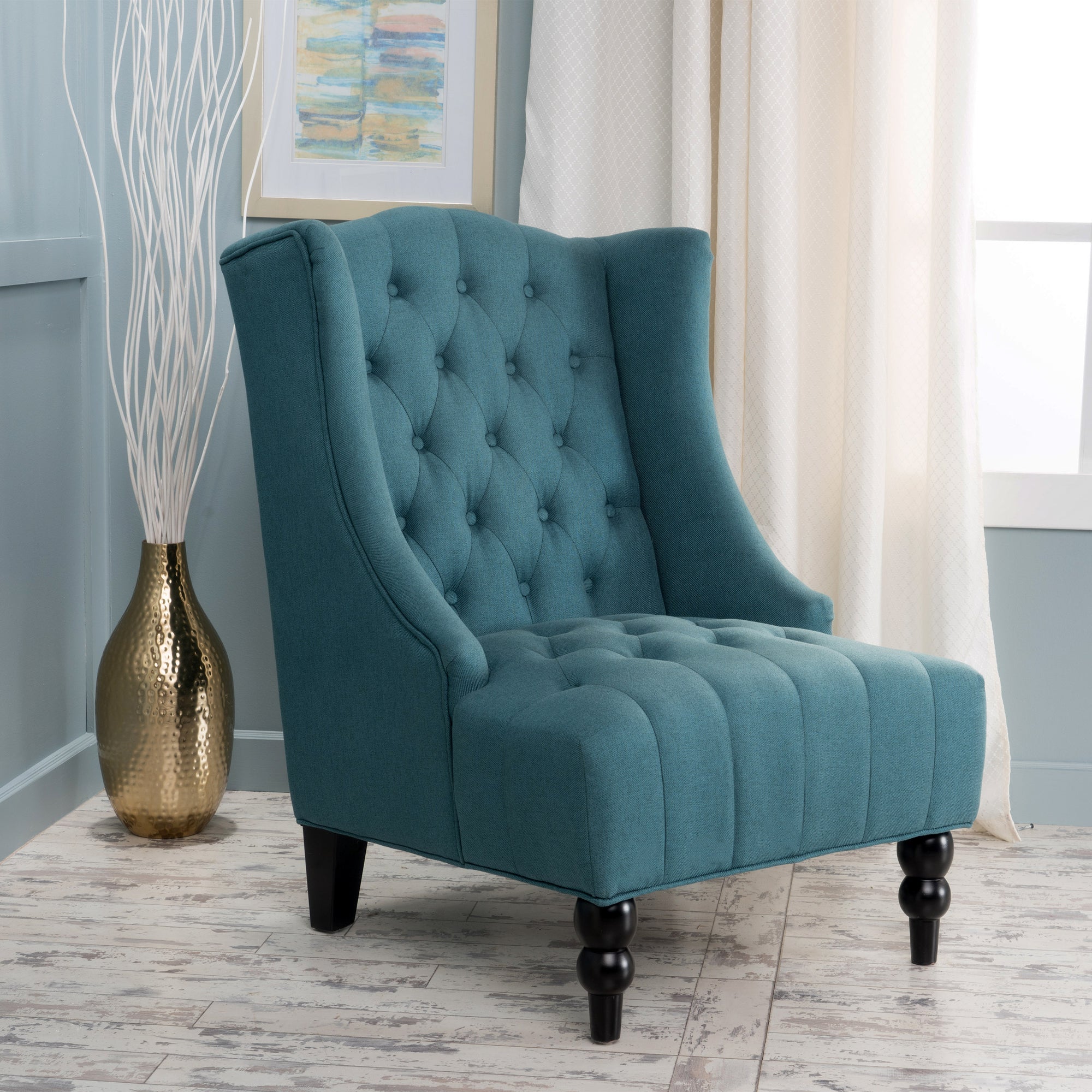 Upholstered Wingback Accent Chair In Teal Fabric