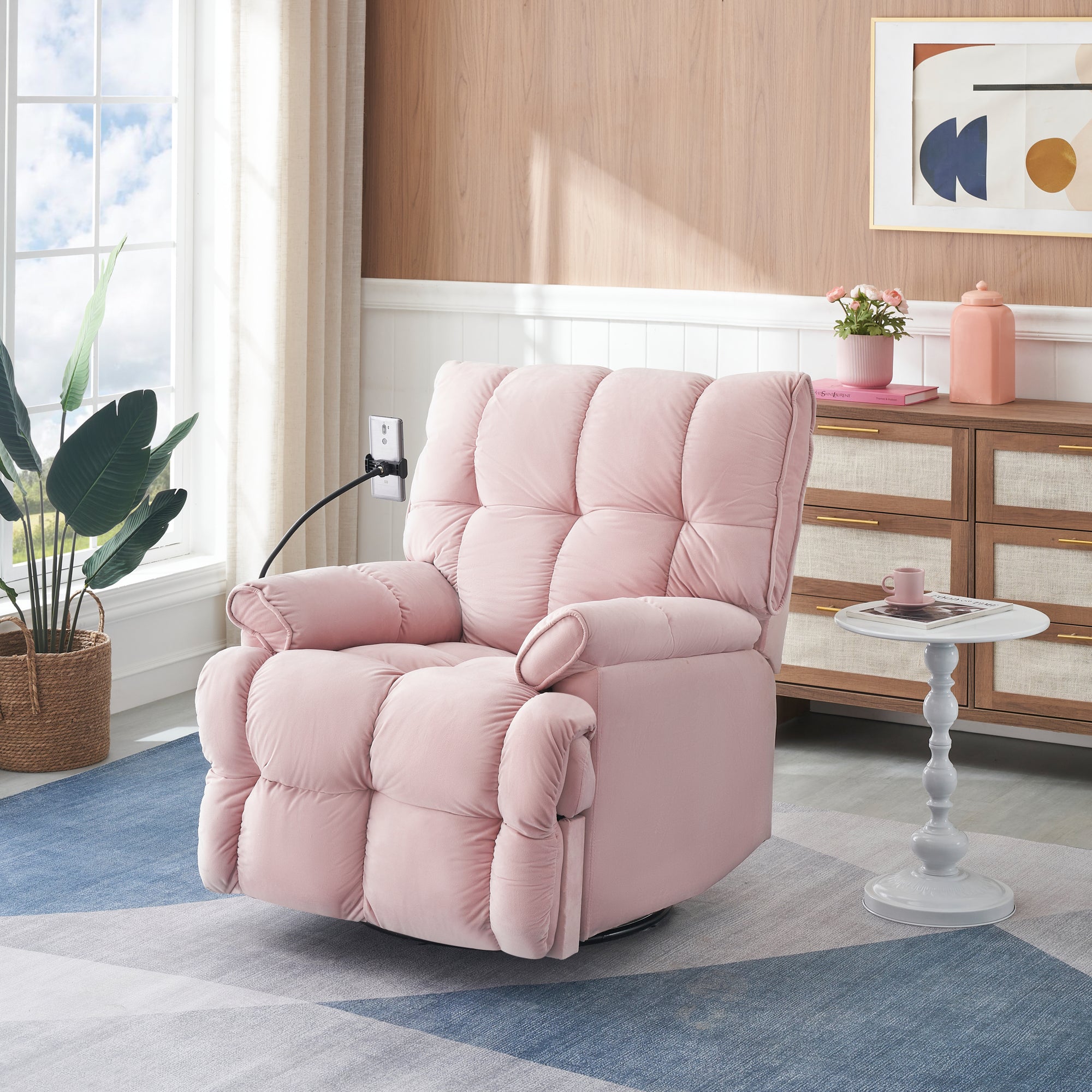 Pink Velvet Convertible Recliner Sofa Chair With Phone Holder