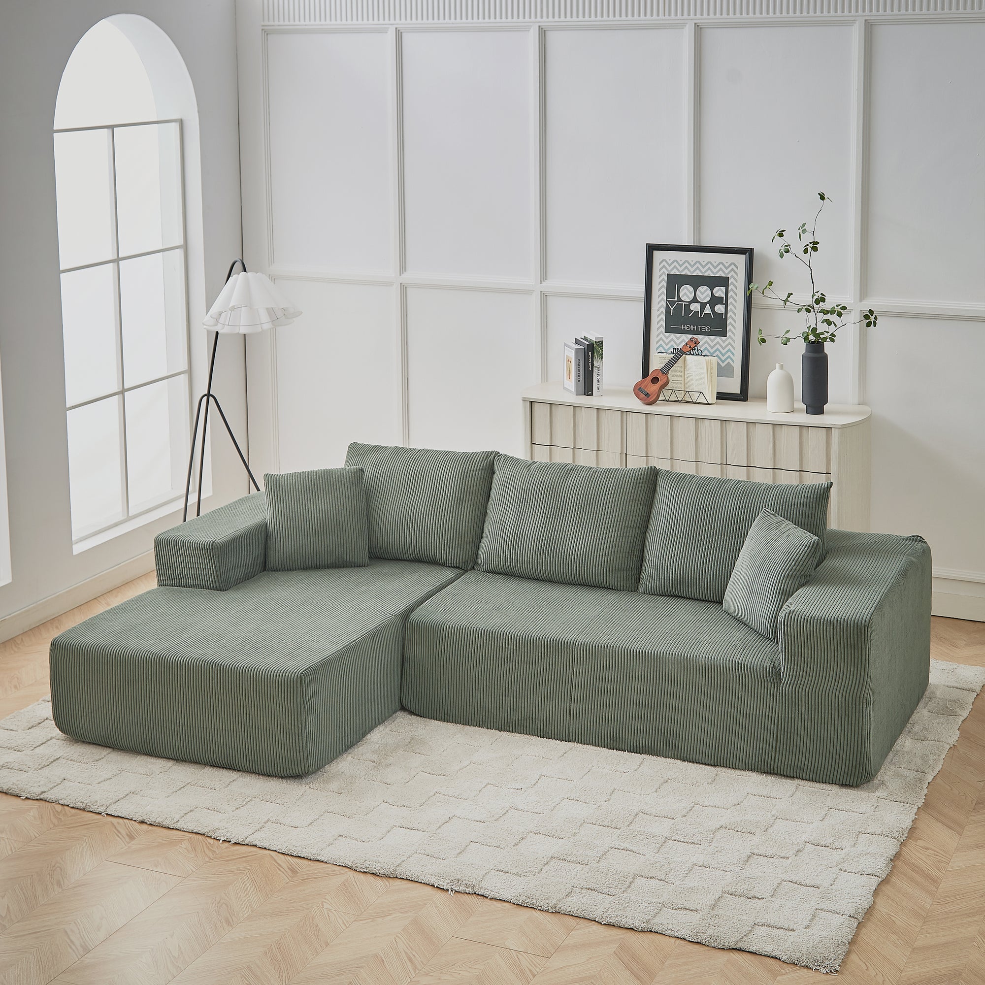 Modern Corduroy Upholstered Modular Sectional Sofa Set With Free Combination Design And Five Pillows In Green