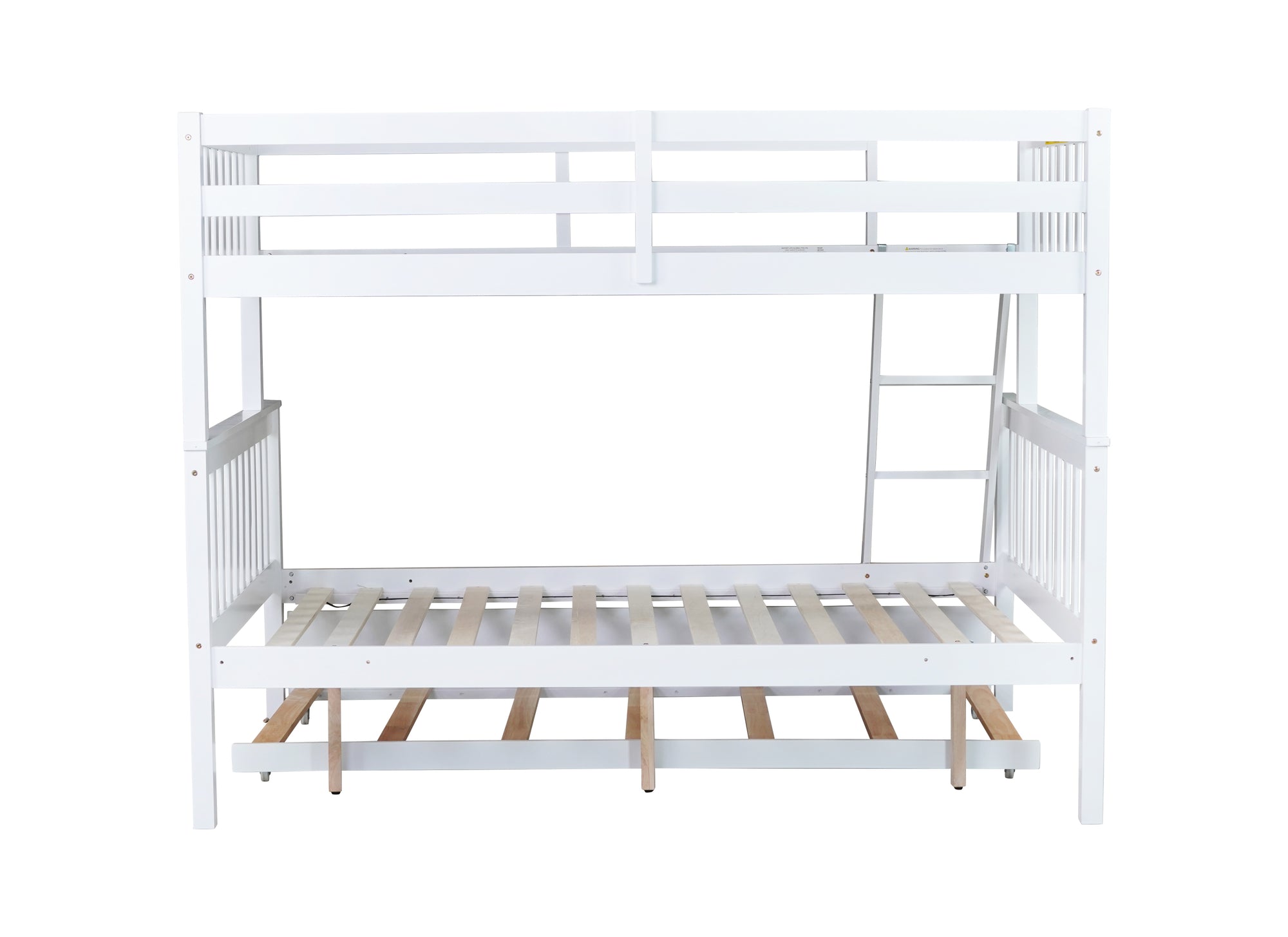 White Twin Over Full Rubber Wood Bunk Bed with Trundle, Detachable Ladder, and Guardrails