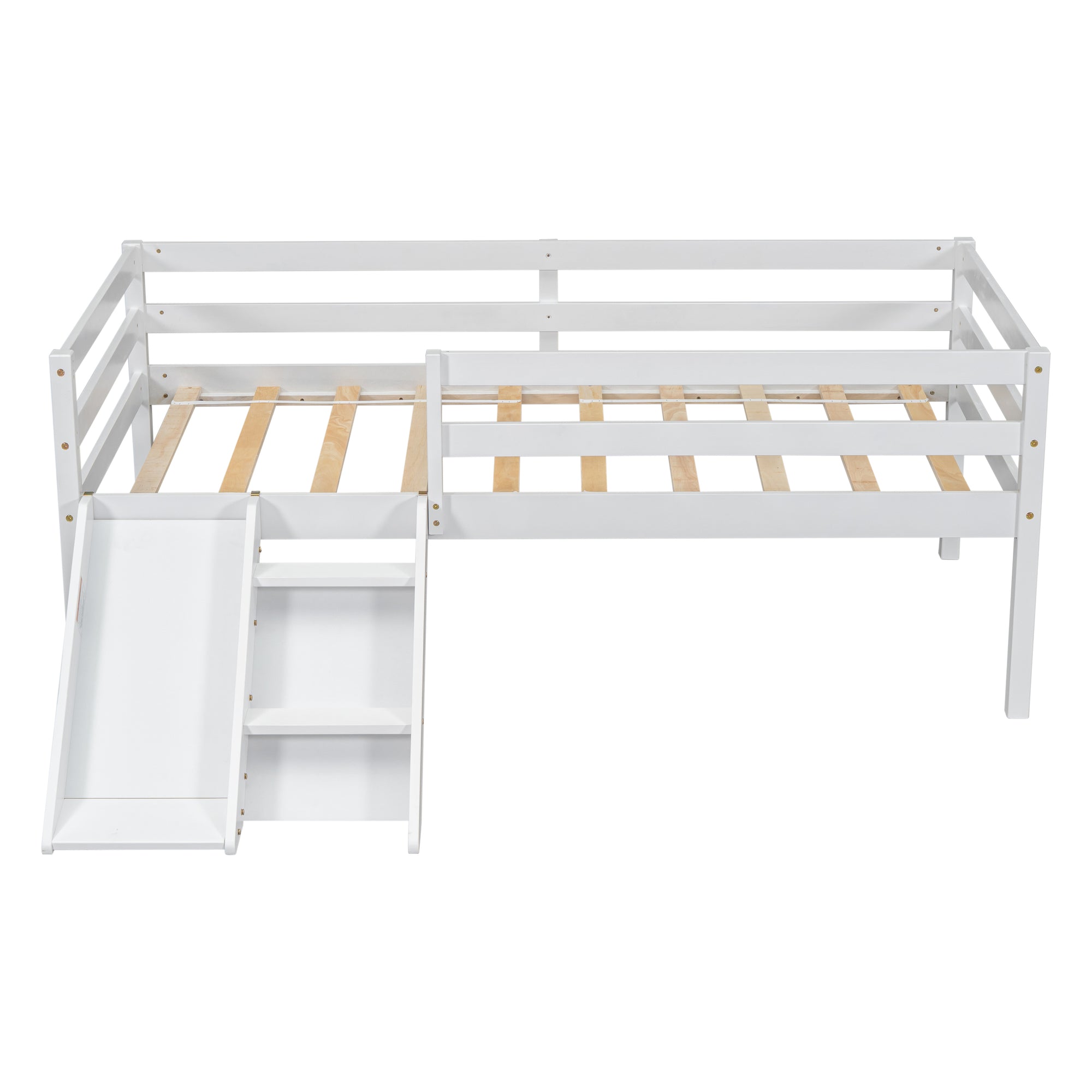 Twin Size Low Loft Bed with Slide, Ladder & Safety Guardrails in White