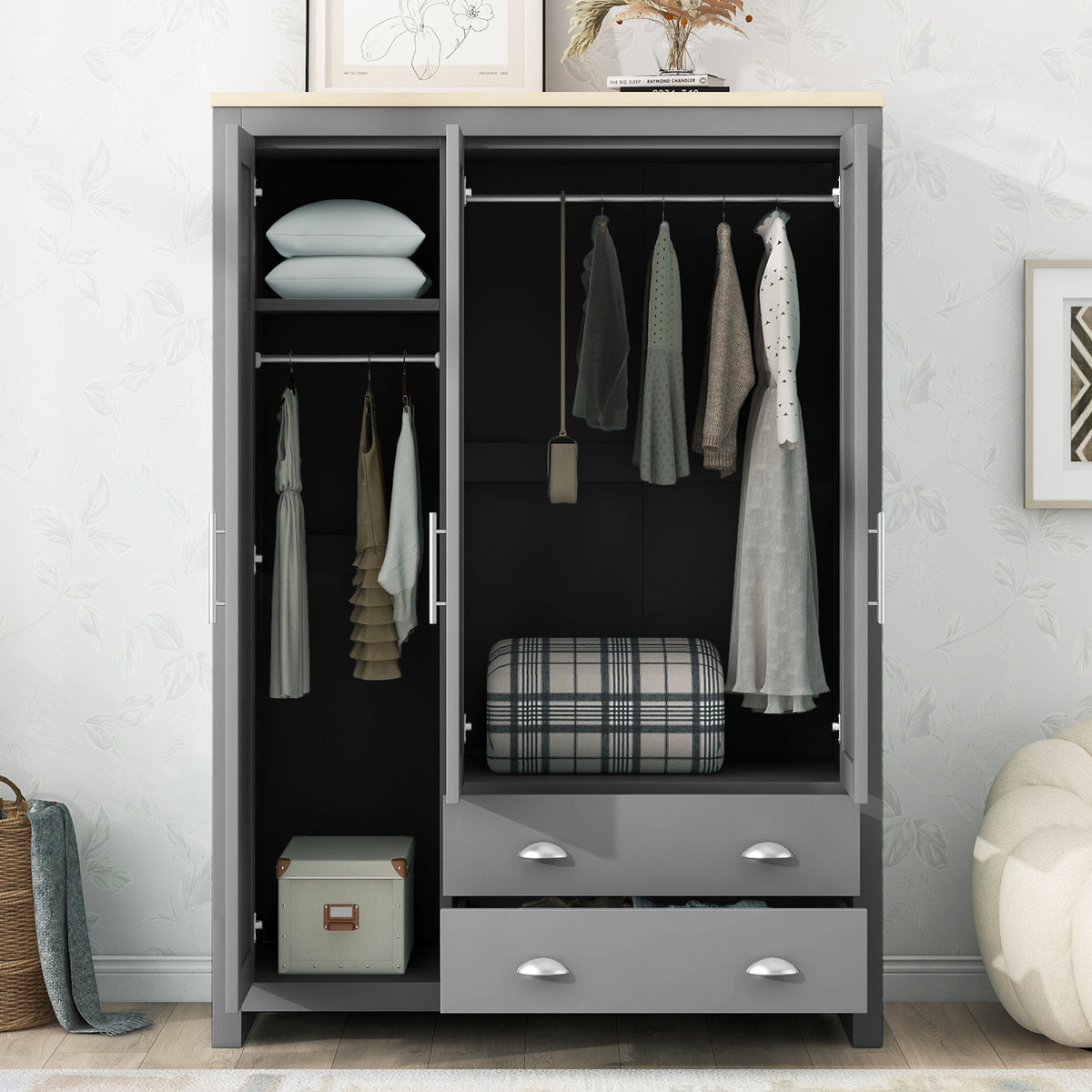 Three Door Storage Wardrobe with Cabinets and Two Hanging Rods In Gray