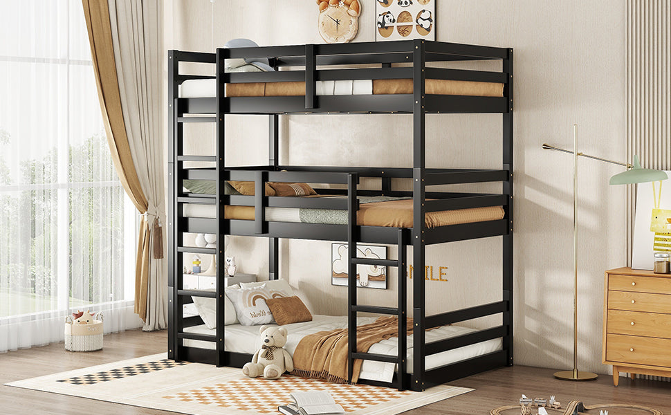 Black Triple Rubber Wood Bunk Bed with Built-In Ladders and Guardrails