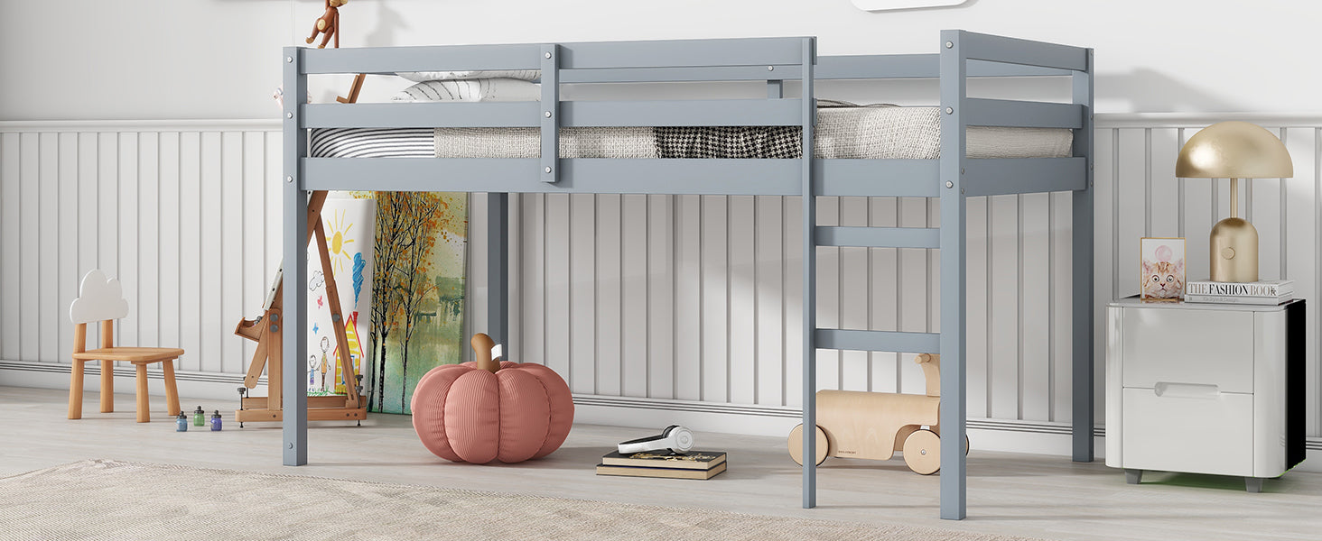 Gray Twin Loft Bed with Ladder in Rubber Wood