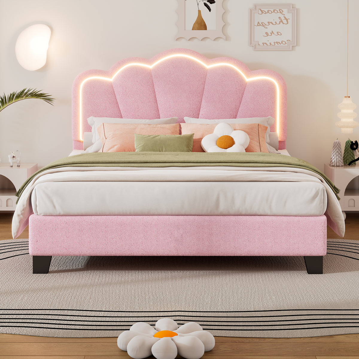 Full Size Upholstered Flower-Shape Bed with LED Headboard and Wooden Slats In Pink