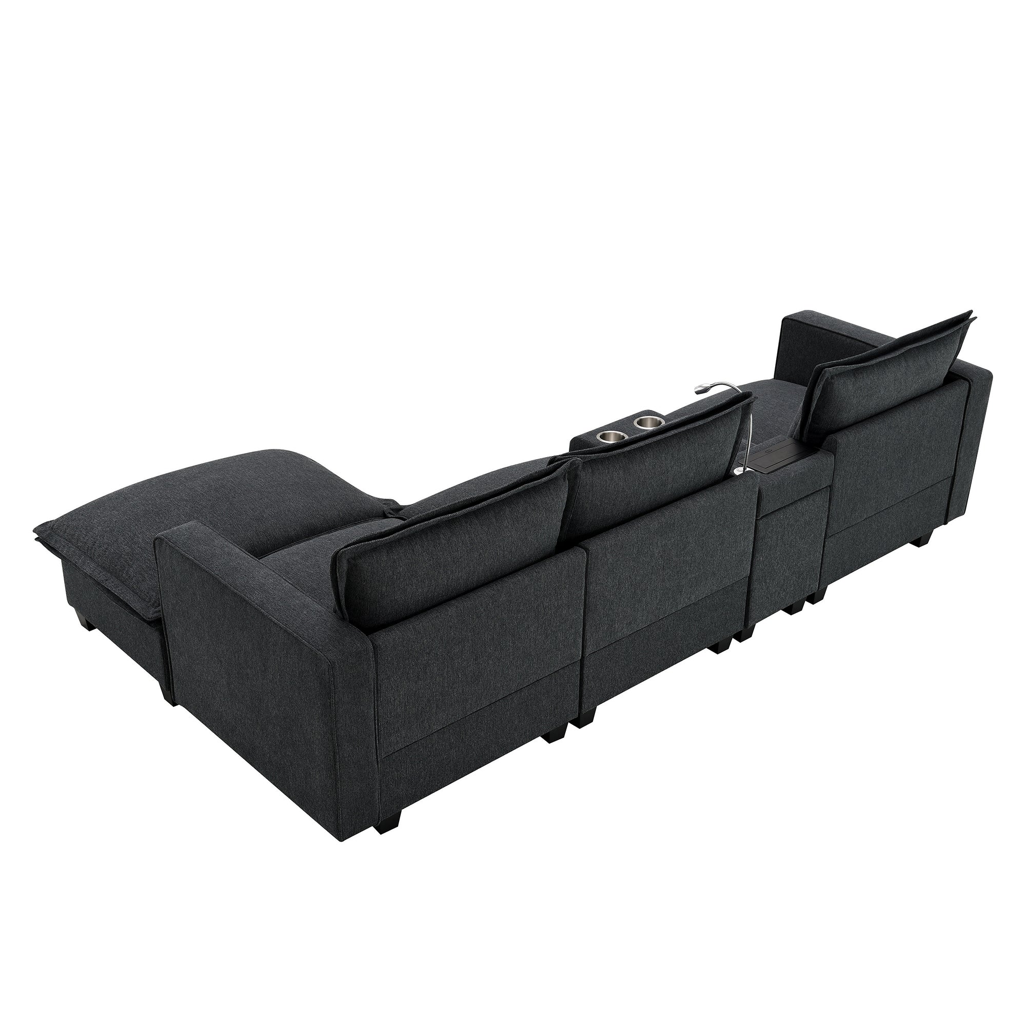 4-Seater Modular Chenille Sofa with Reading Lights & Storage in Dark Gray