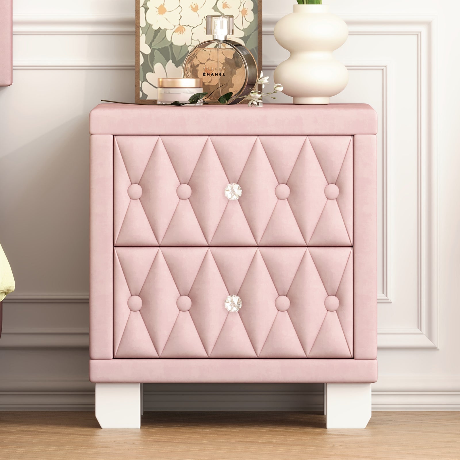 18" Plush Velvet Pink Nightstand with 2 Drawers & Crystal Handling