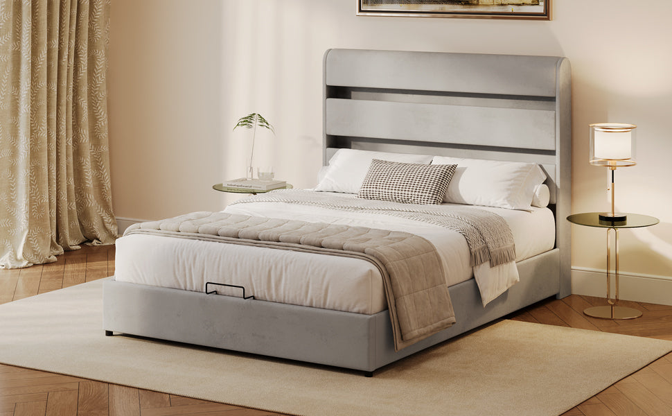 Gray Velvet Queen Hydraulic Storage Bed with LED Lights