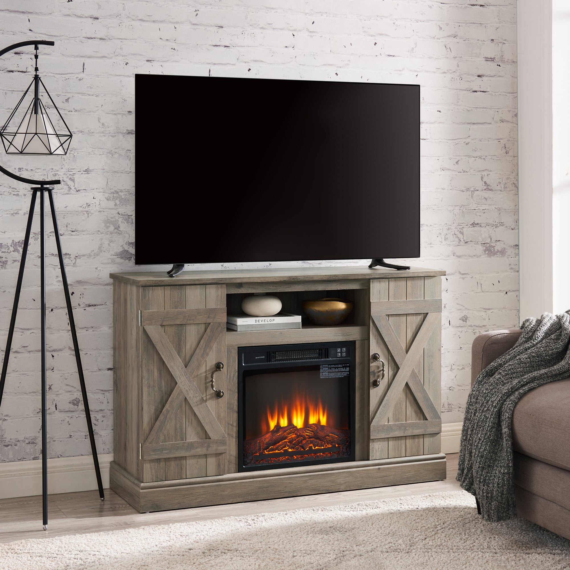 American Retro Farmhouse Media TV Stand with Electric Fireplace for TVs up to 50 Inch and Storage In Gray Wash