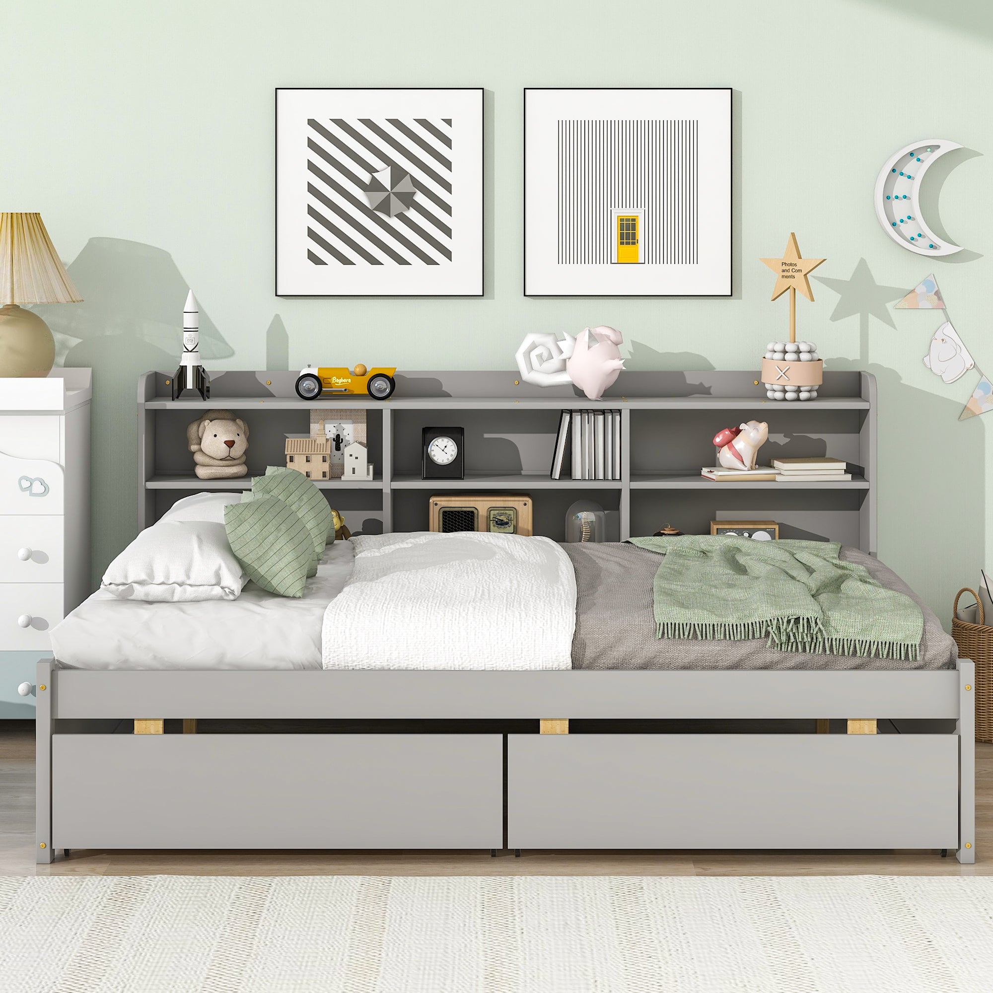 Gray Full Bed with Side Bookcase and Drawers