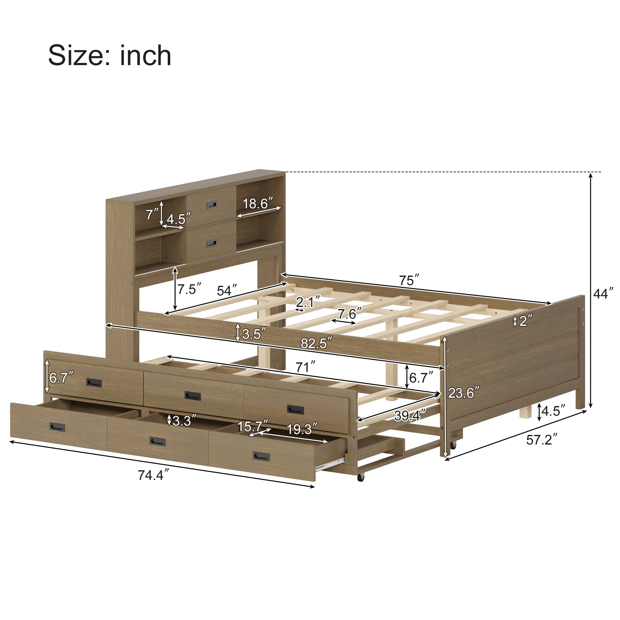 Walnut Fininsh Full Wooden Bed Frame with Trundle and Drawers