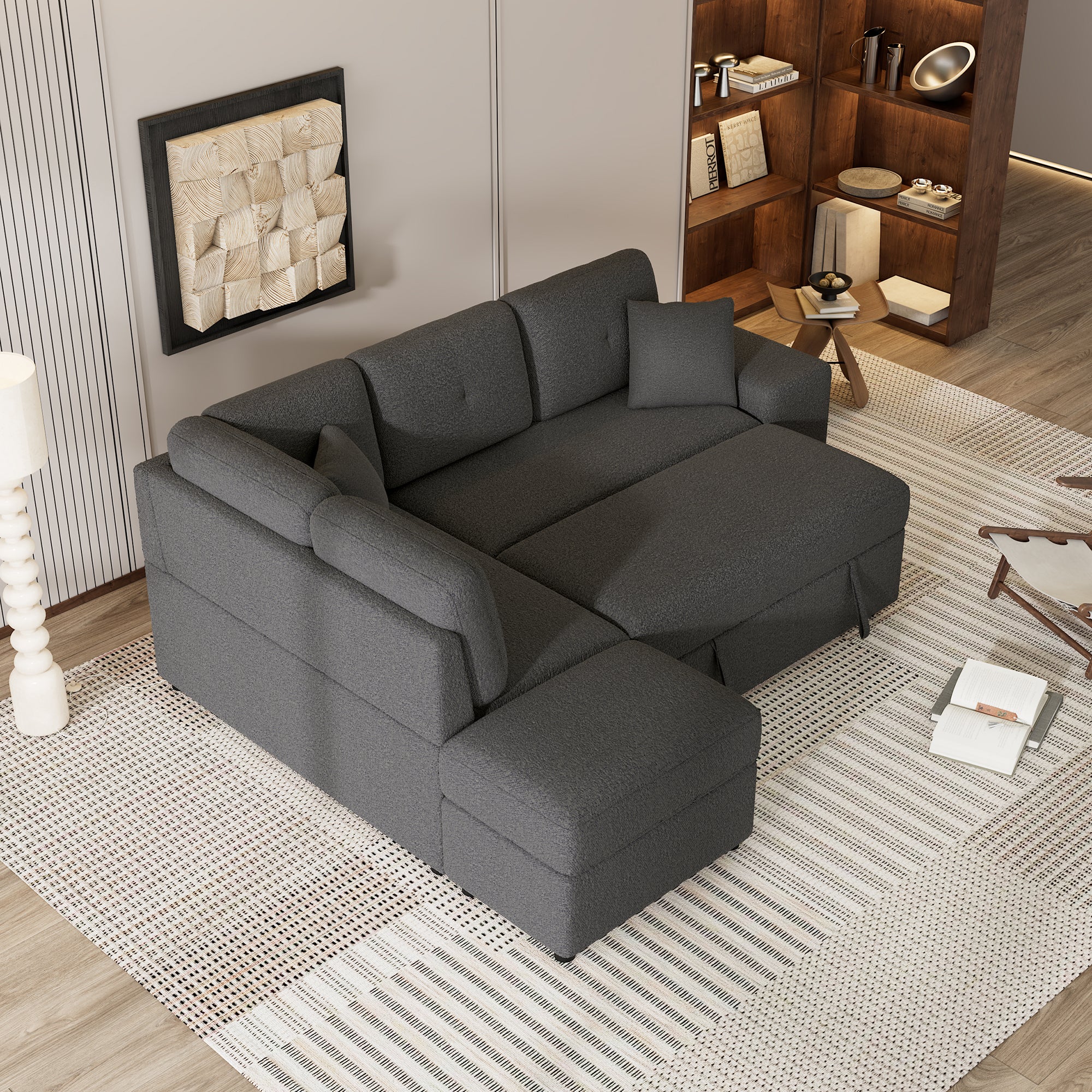 Dark Gray Chenille Pull-Out Sofa Bed with Storage Ottomans and Wireless Charger