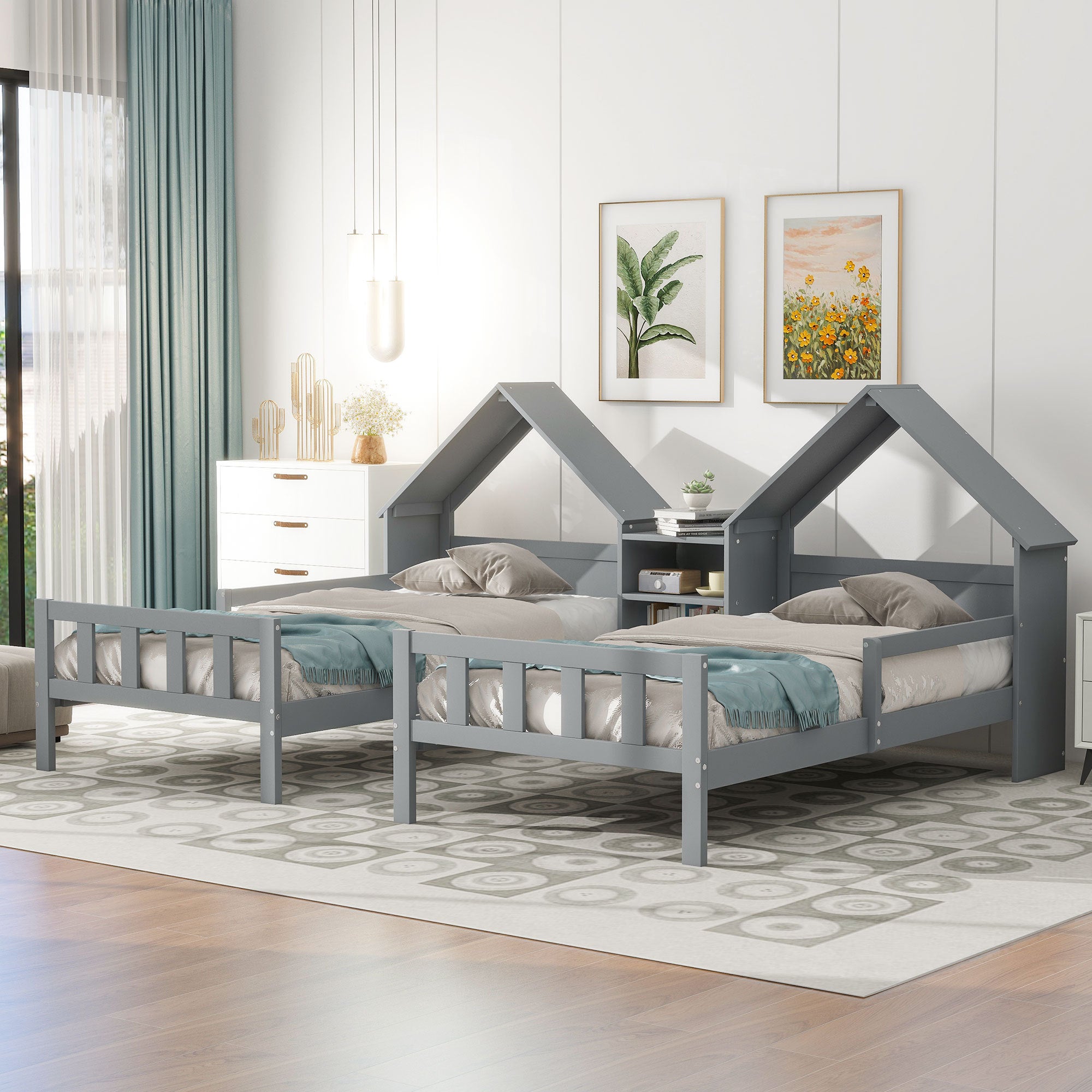 Double Twin Size Platform Bed with Built-in Nightstand and House-shaped Headboard In Grey