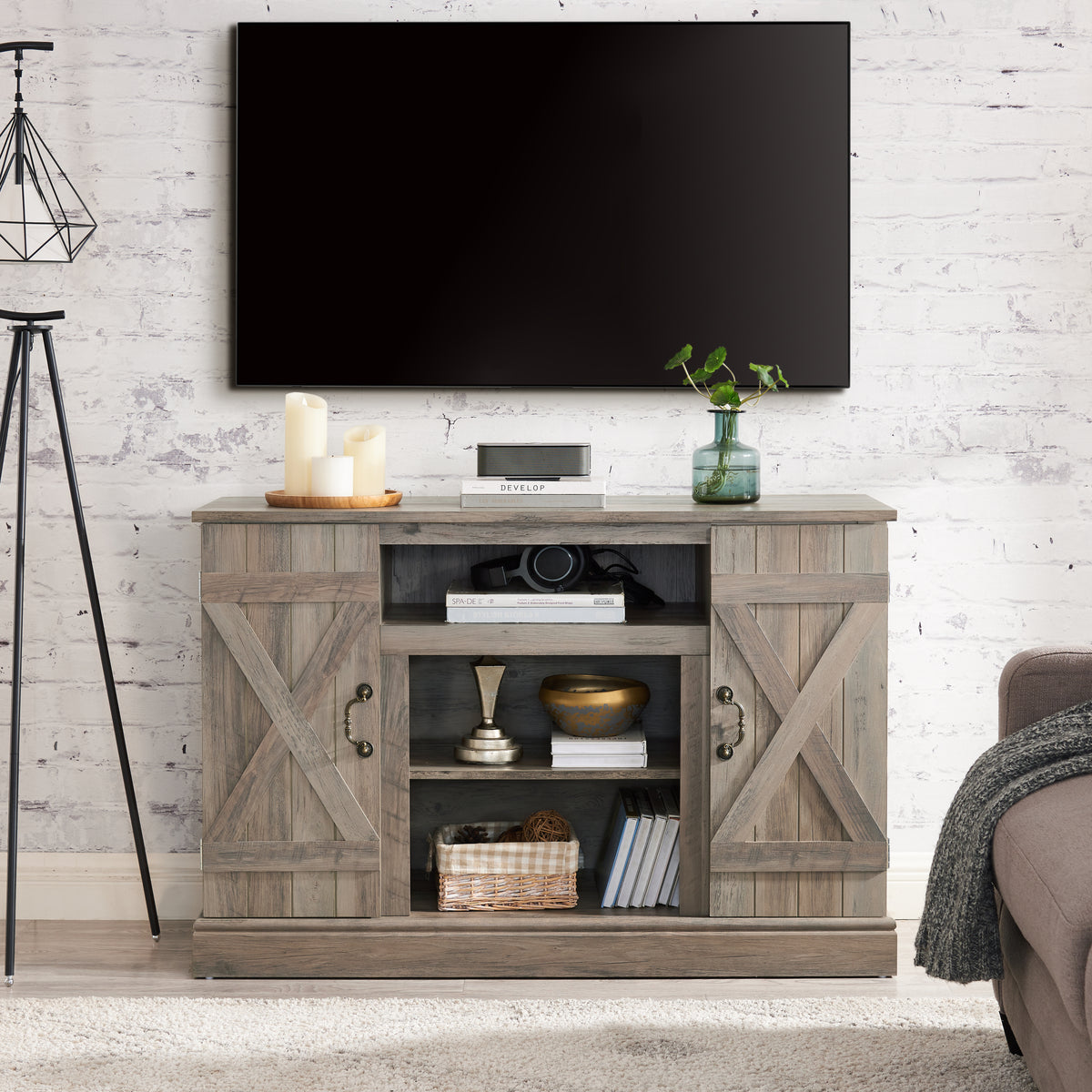 Farmhouse Classic Media TV Stand Antique Entertainment Console for TV Up to 50 Inches With Open And Closed Storage Space In Gray Wash