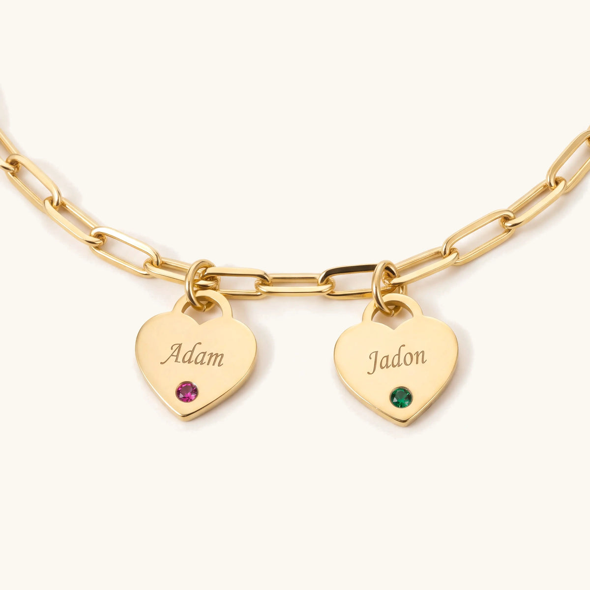 Dainty Name & Birthstone Heart Charm Paperclip Bracelet – gold paperclip chain with engraved heart charms and birthstones