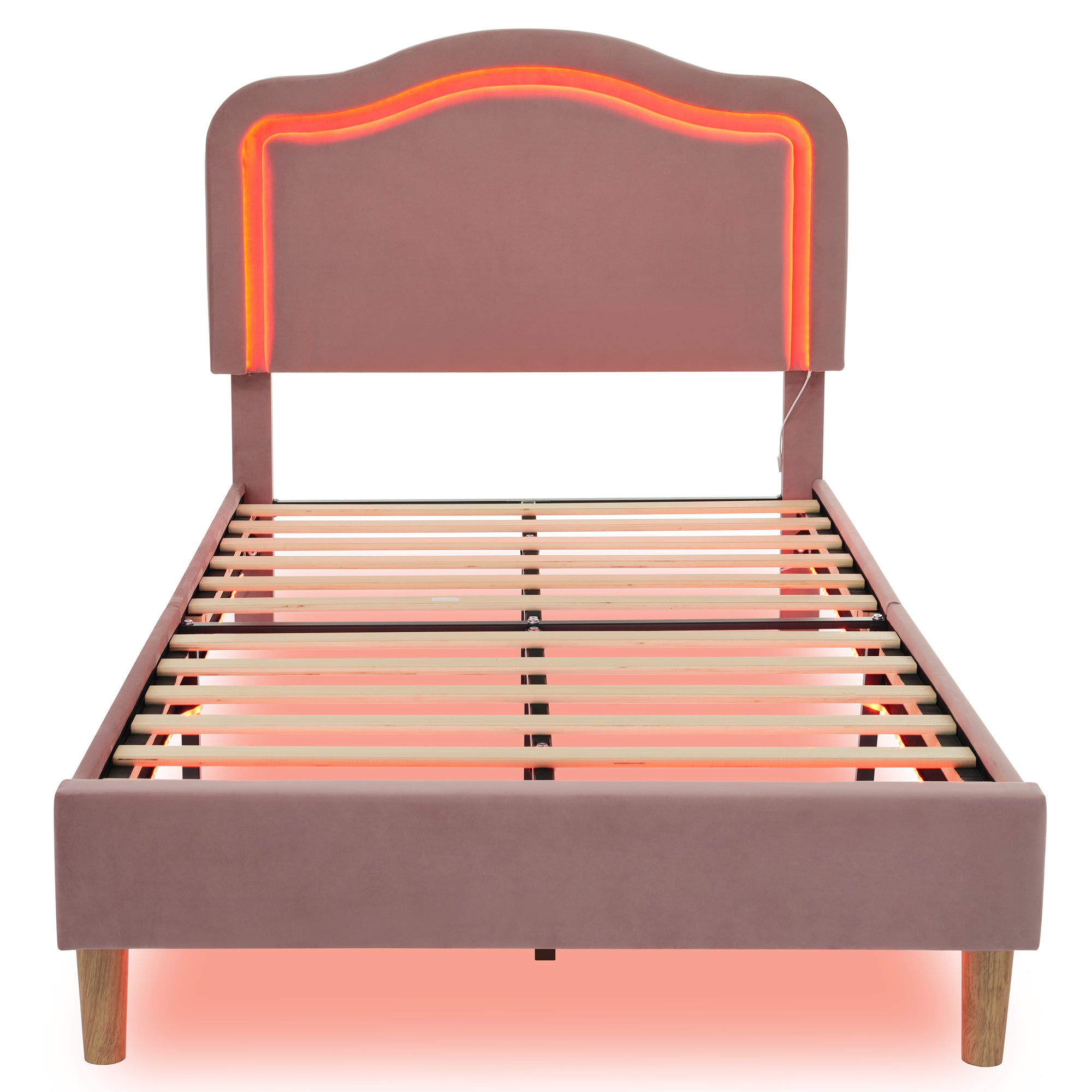 Pink Twin Velvet Upholstered Bed Frame with Adjustable LED Lights