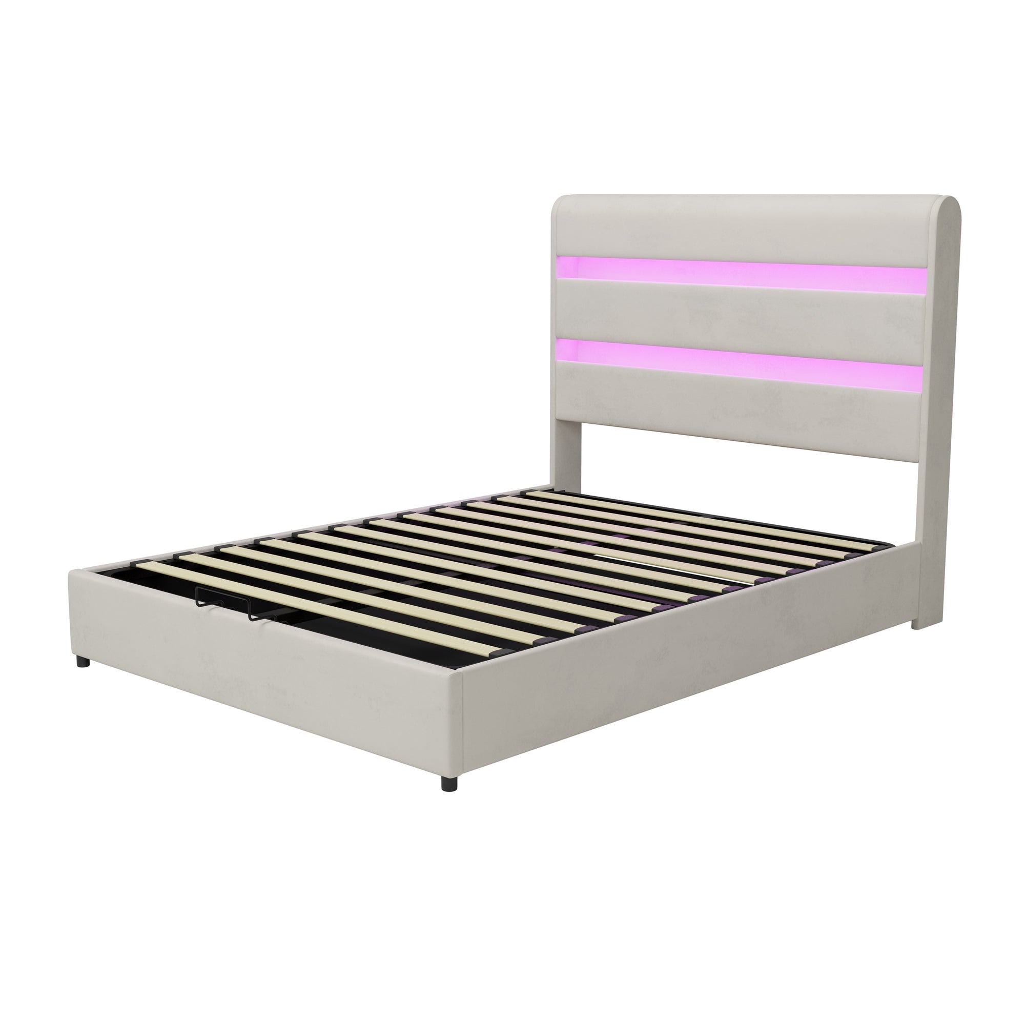 Beige Queen Size Hydraulic Storage Bed with Velvet Upholstery and RGB LED Lighting