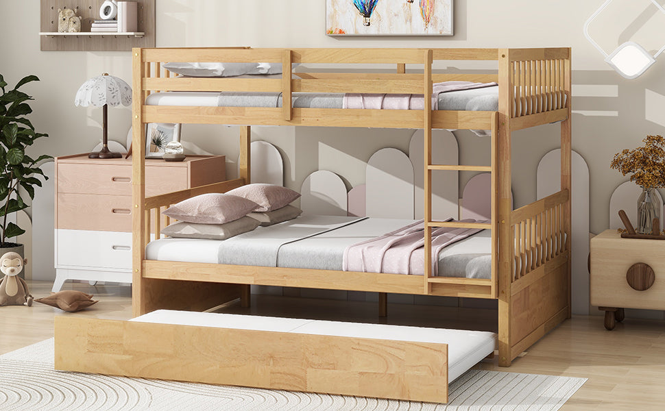 Full Over Full Twin Size Triple Bunk Bed with Ladders and Guardrails in White