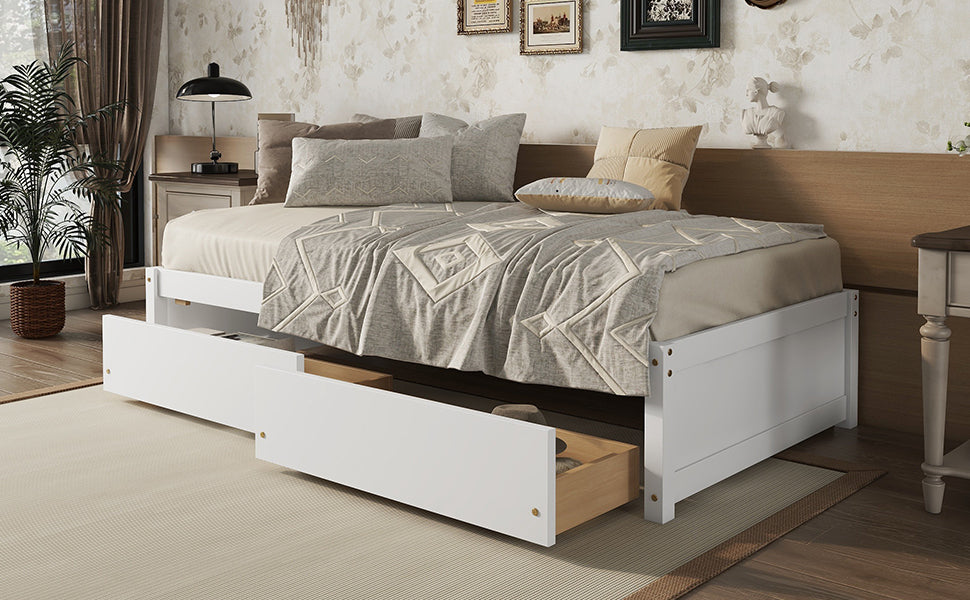 White Twin Bed with 2 Drawers, Solid Wood and No Box Spring Needed