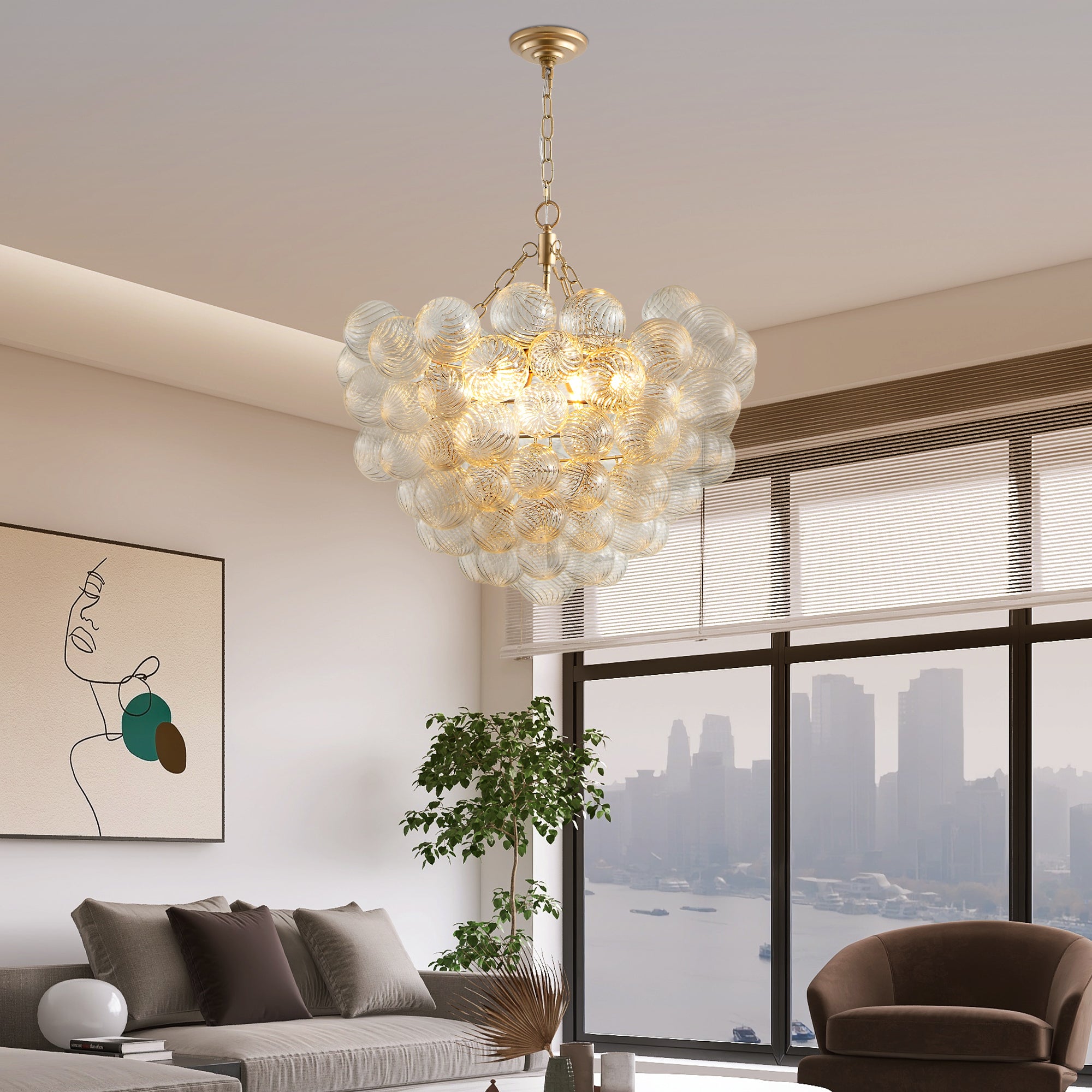 Gold Pendant Light Chandelier with Threaded Clear Glass Globe Shade