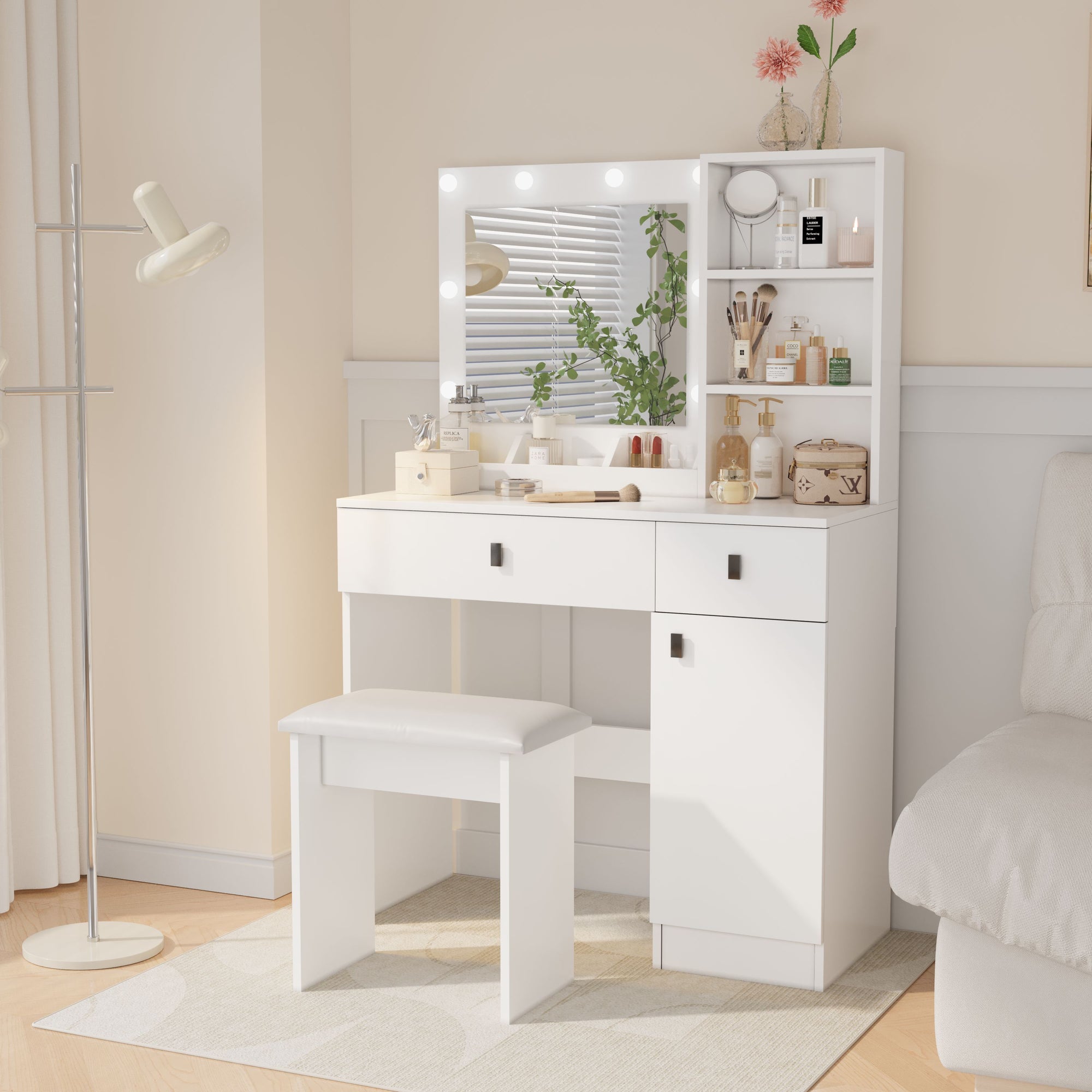 Vanity Desk with Lights and Adjustable Mirror for Makeup Storage with Large Drawers and Shelves In White