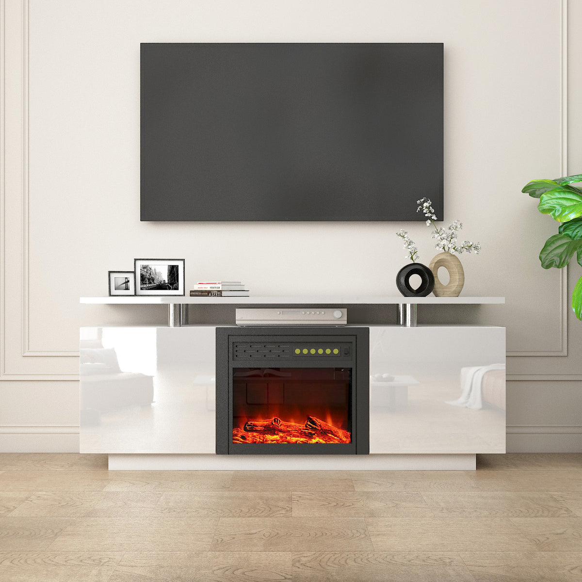 160CM High Gloss TV Cabinet Unit With Fireplace Heat And Flame Color Changes In White