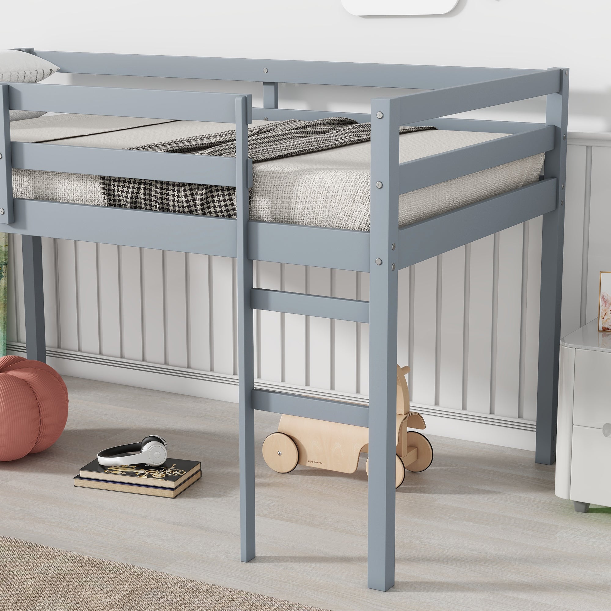 Gray Twin Loft Bed with Ladder in Rubber Wood