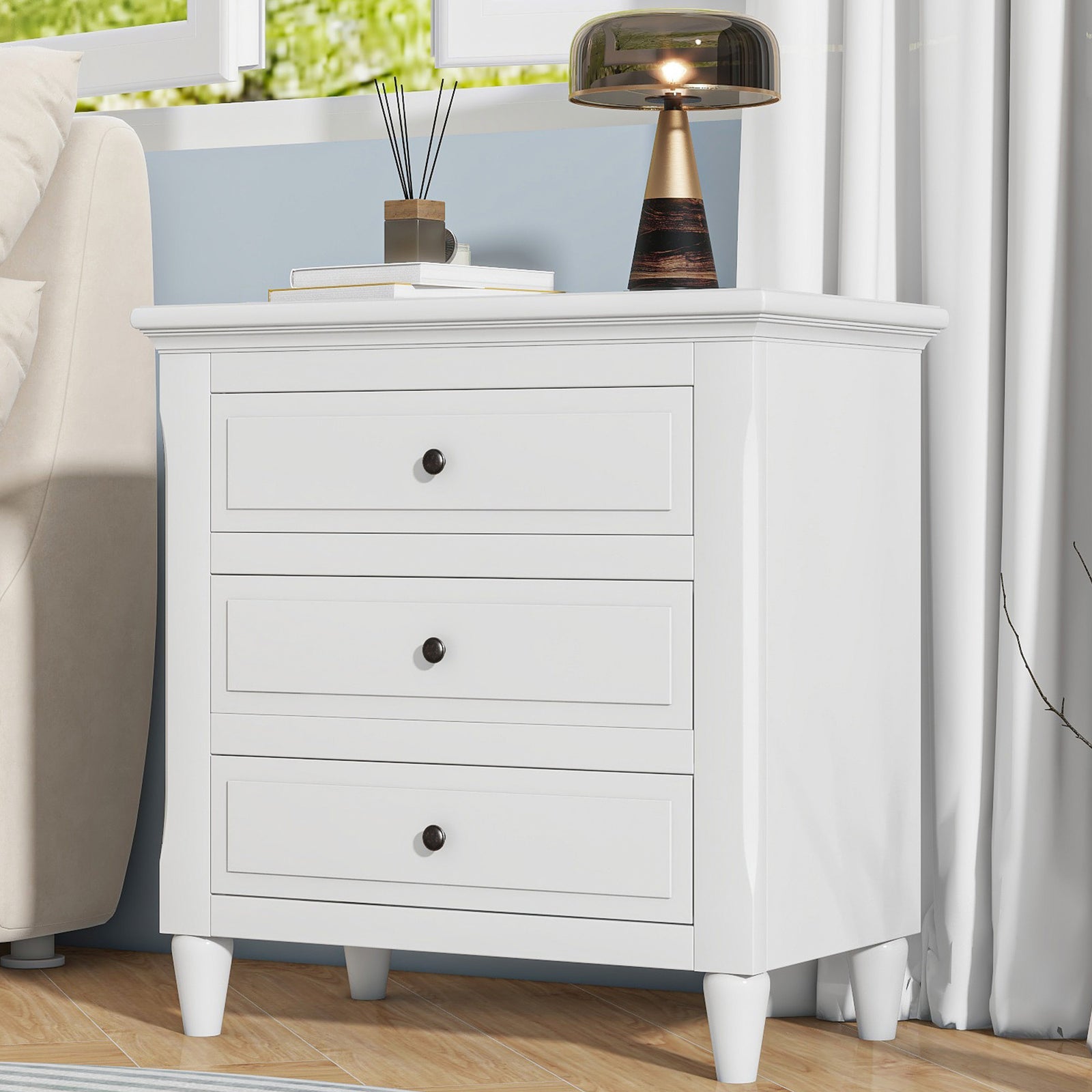28" White 3-Drawer Nightstand & Bedside Cabinet