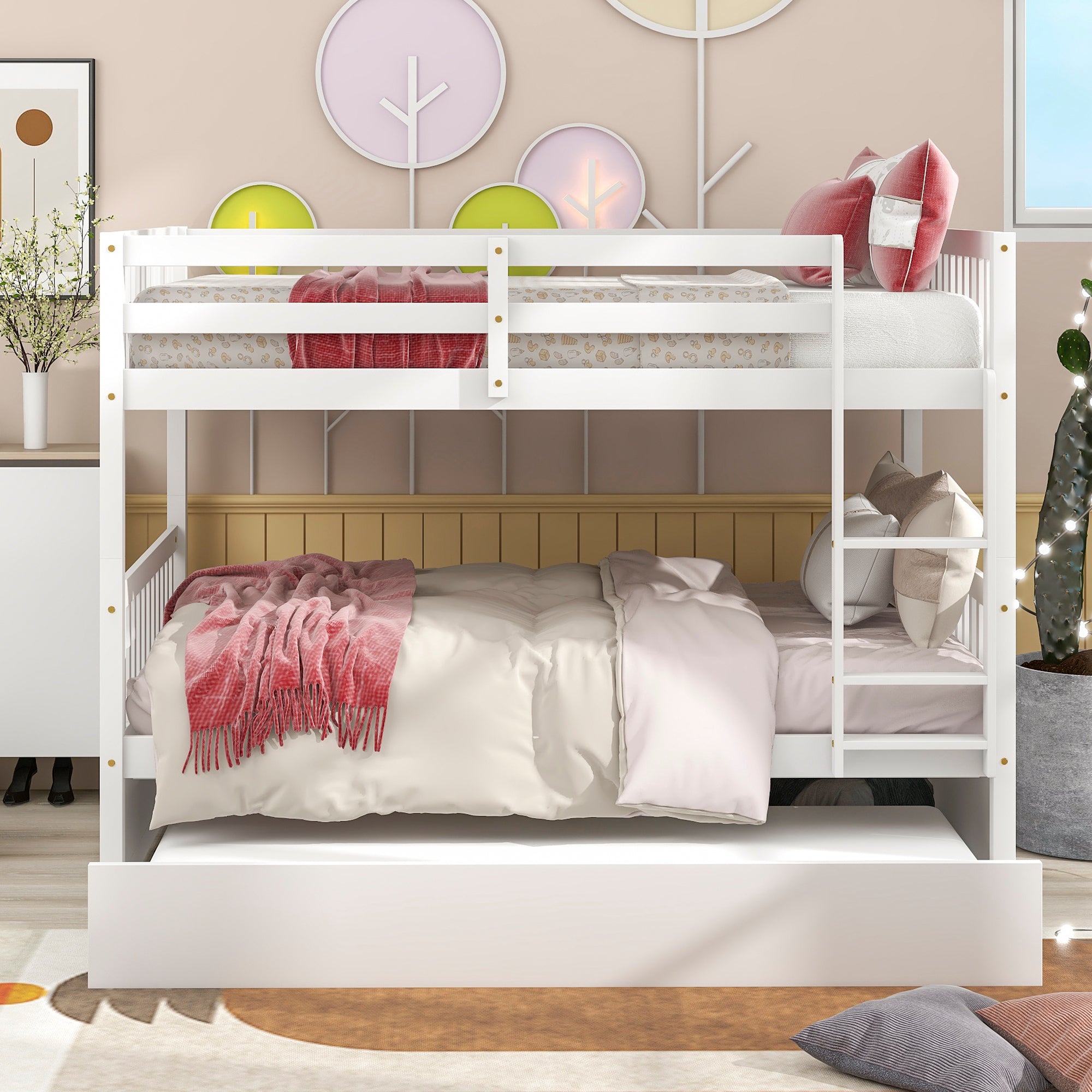 Convertible White Full Over Full Bunk Bed with Trundle