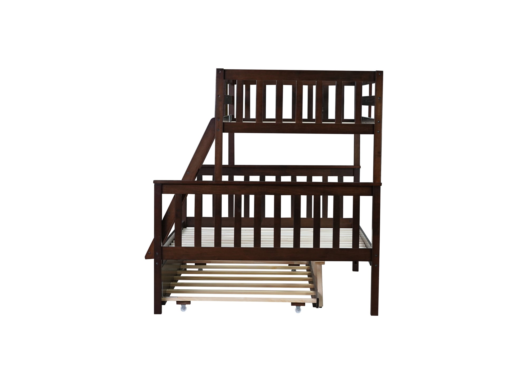 Espresso Twin Over Full Rubber Wood Bunk Bed with Trundle and Detachable Design