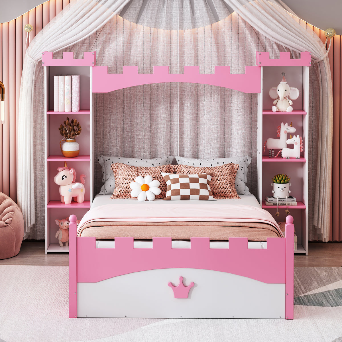 Castle-Shaped Wooden Bed with Storage for Kids Bedroom In White and Pink