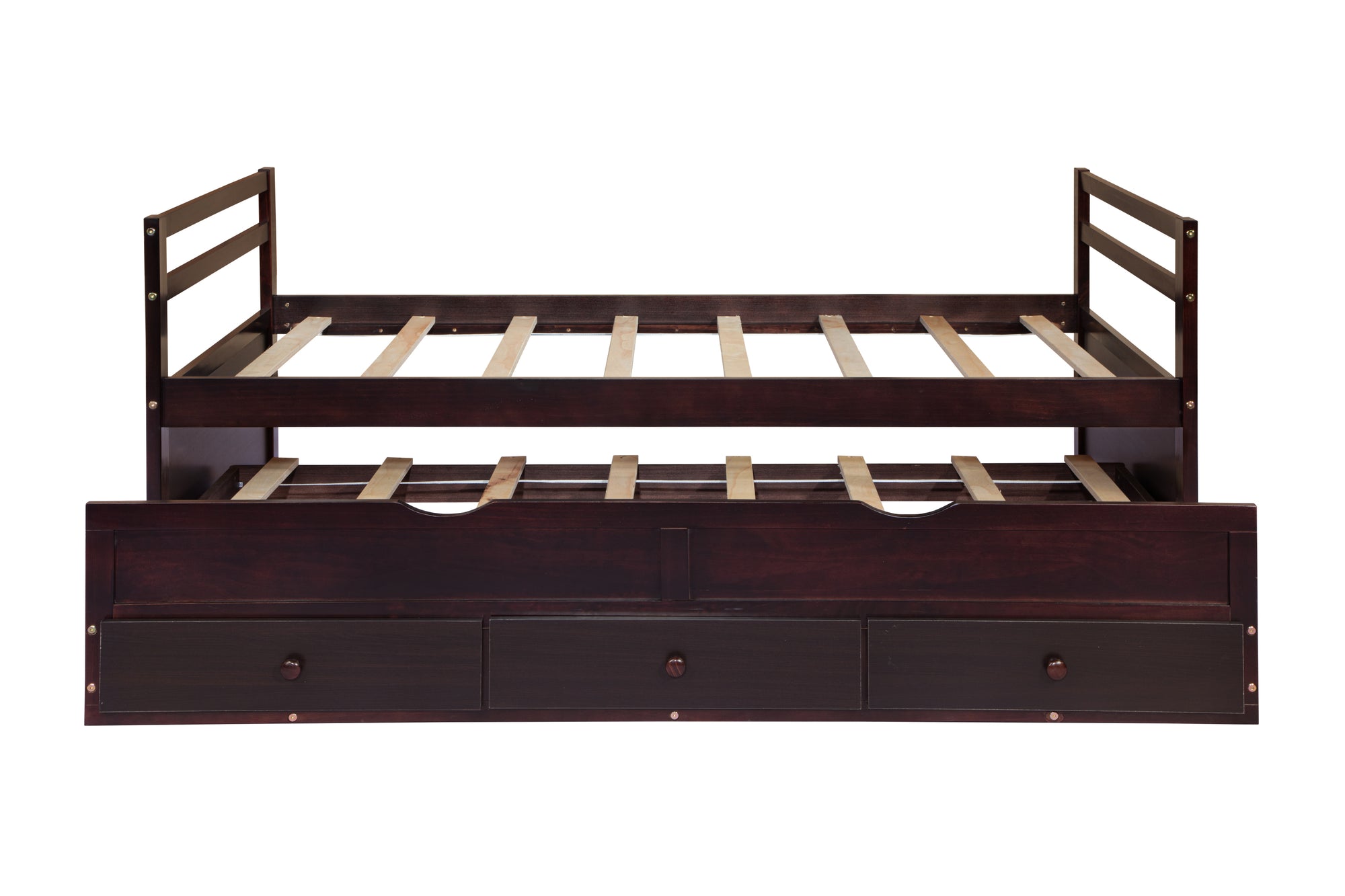 Espresso Pine Twin Size Bed with Headboard, Footboard, Trundle, and Three Storage Drawers