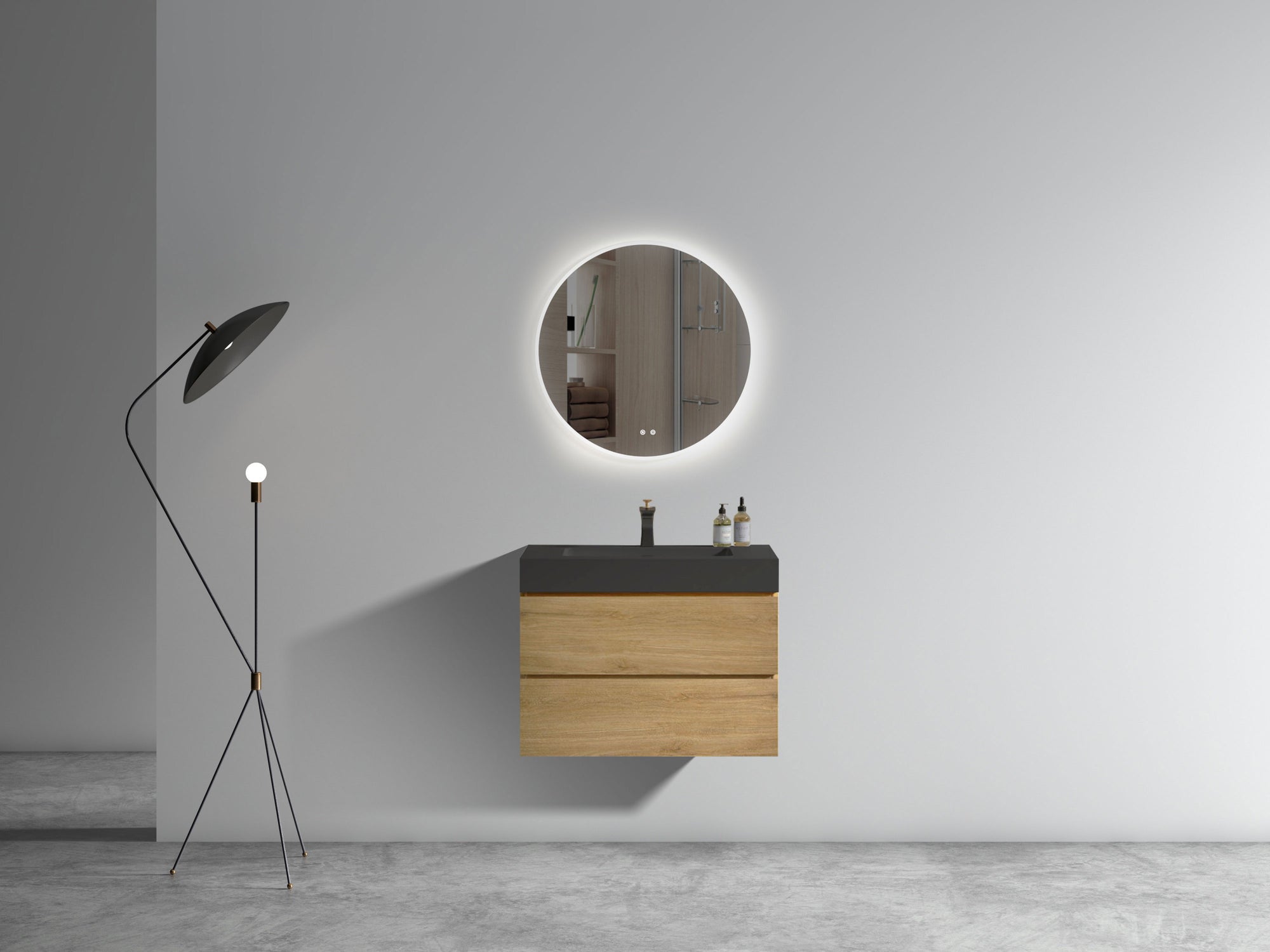 Natural Oak Wall Mounted Bathroom Vanity with One-Piece Black Sink Basin and Ample Storage In Light Oak