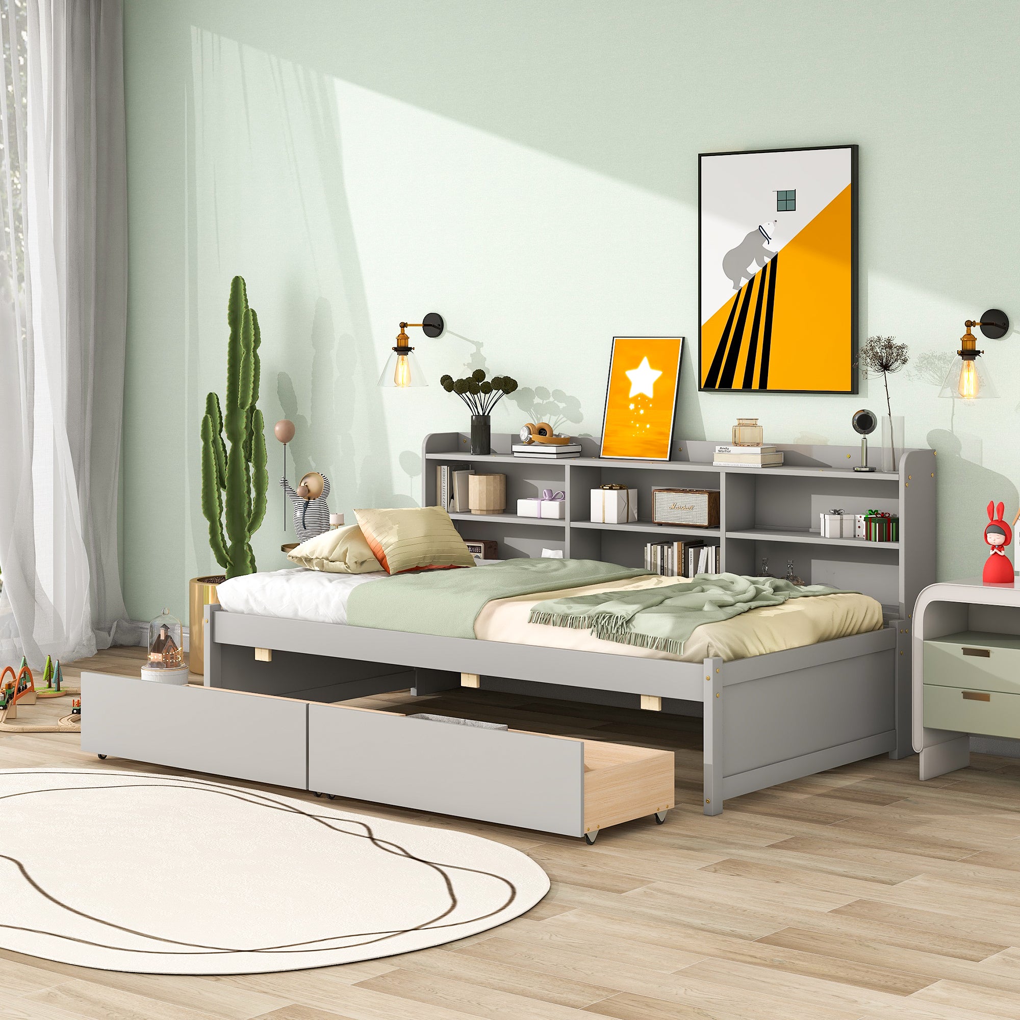 Twin Bed with Side Bookcase and Storage Drawers in Gray