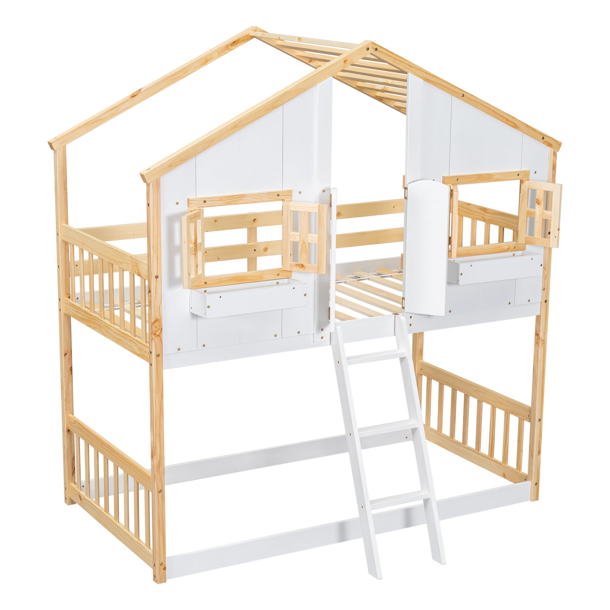 Twin Over Twin House Bunk Bed with Roof, Window, and Door in Natural and White Tones