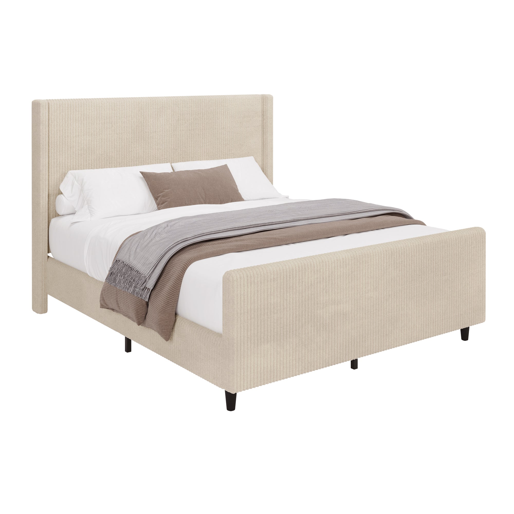 Modern Queen Size Cream Corduroy Upholstered Platform Bed Frame With High Headboard