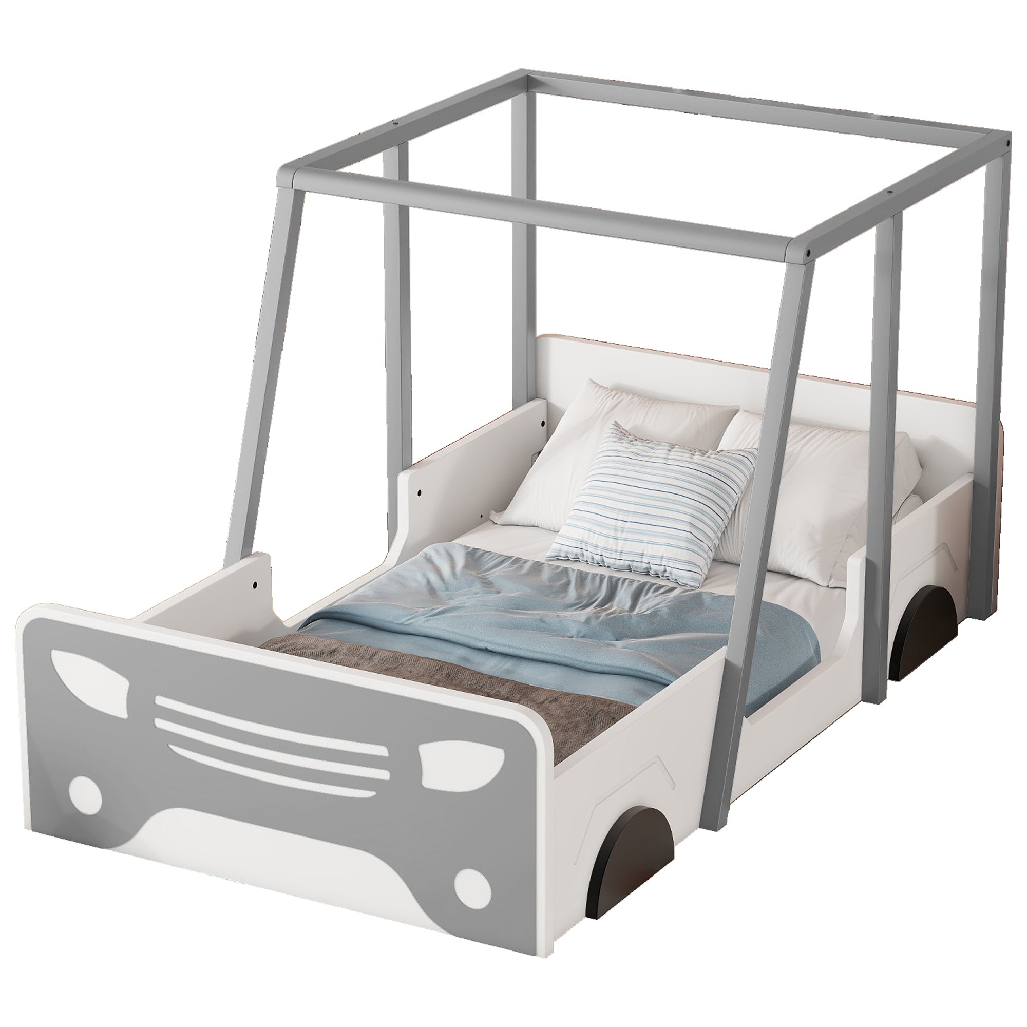 Gray Twin Size Car-Shaped Bed with Roof and Wooden Wheels