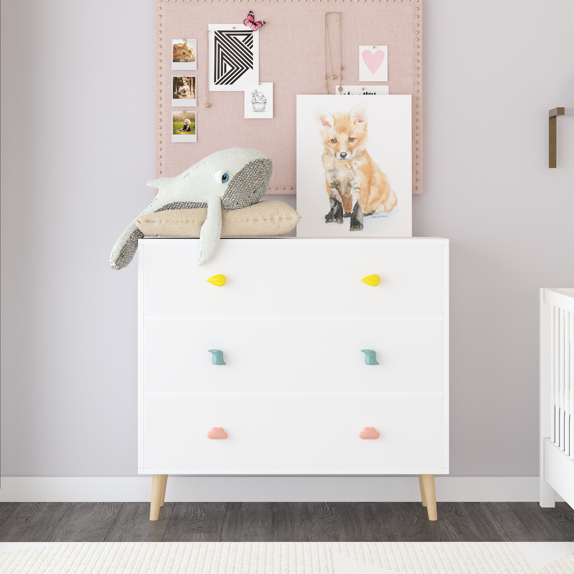 Kids 3 Drawer Dresser and Nightstand for Baby Storage In White