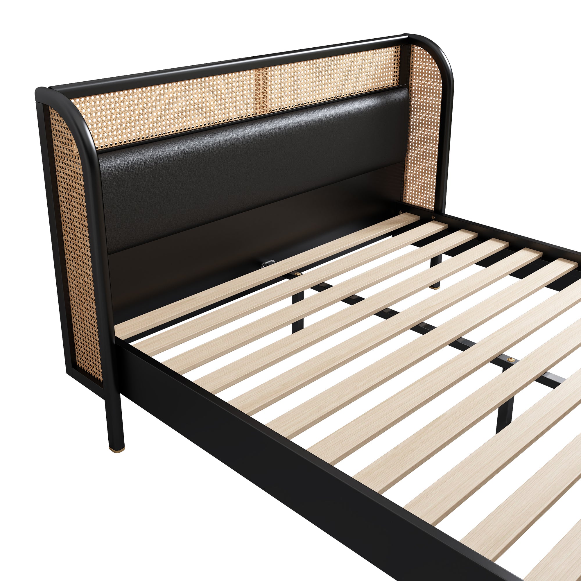 Queen Size Rattan and Faux Leather Upholstered Platform Bed in Black