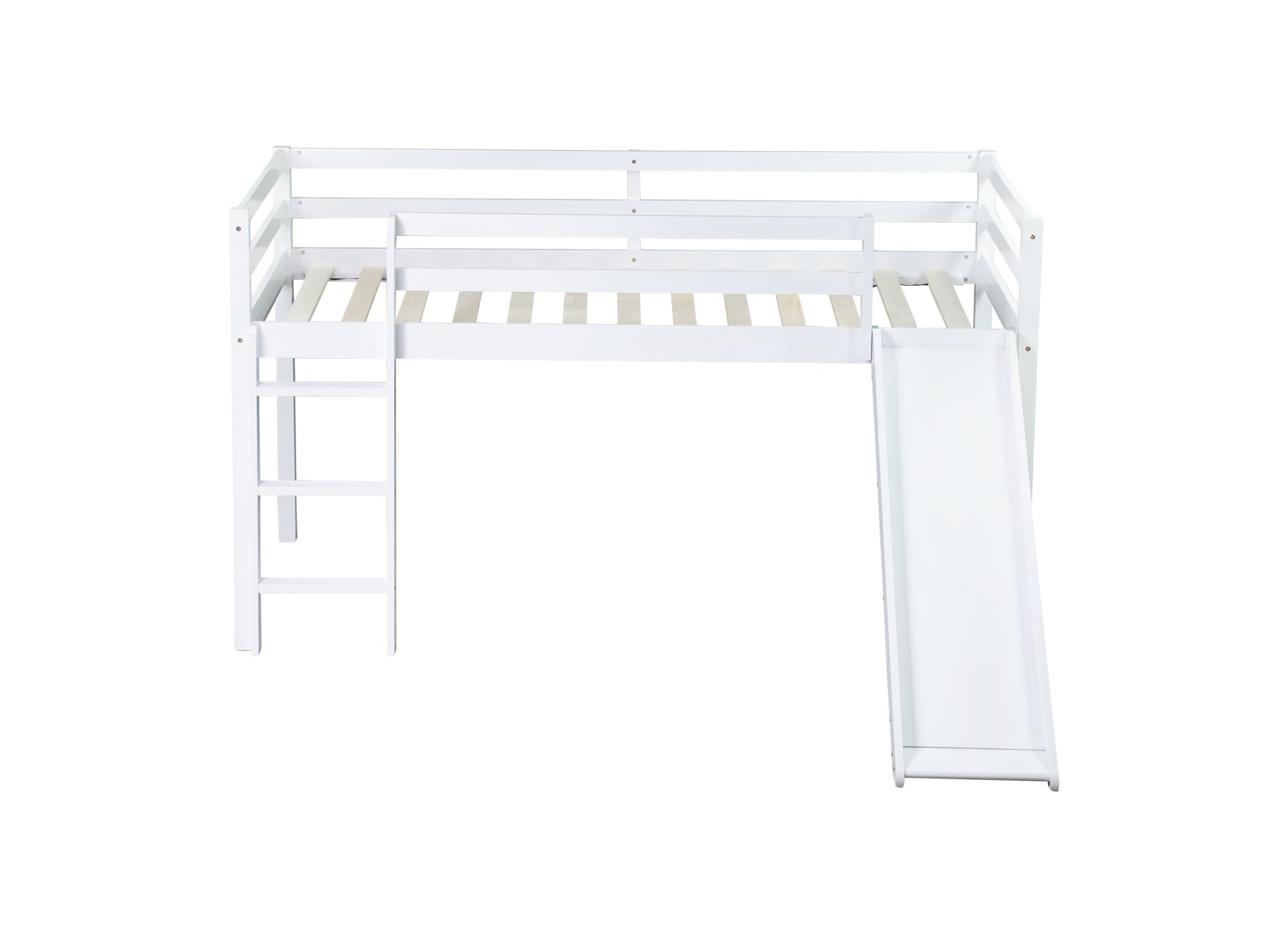 White Twin Low Loft Bed with Slide, Ladder, and Guardrails