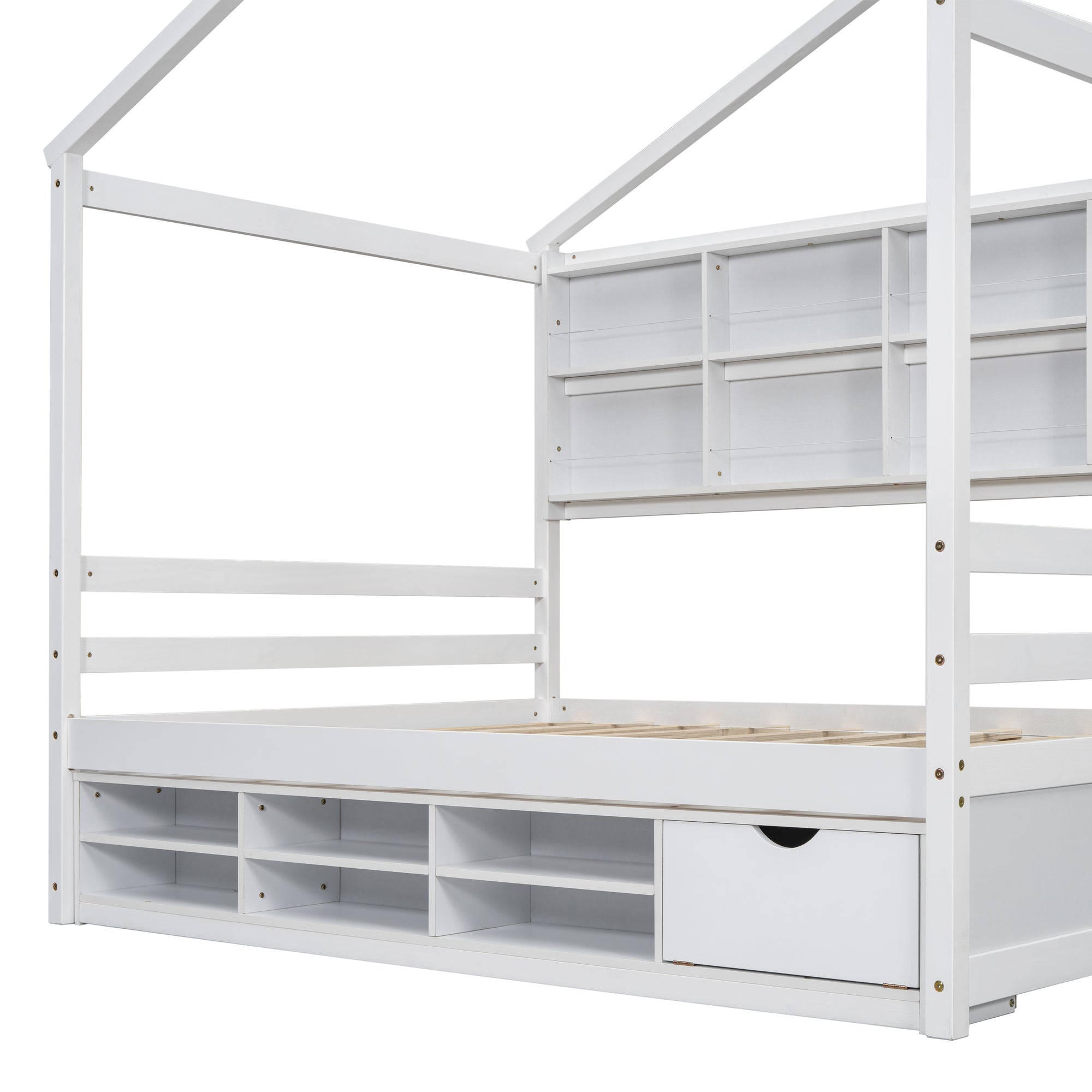 Full Sized Bed with Roof Frame, Bedside Shelves, and Under-Bed Storage Unit