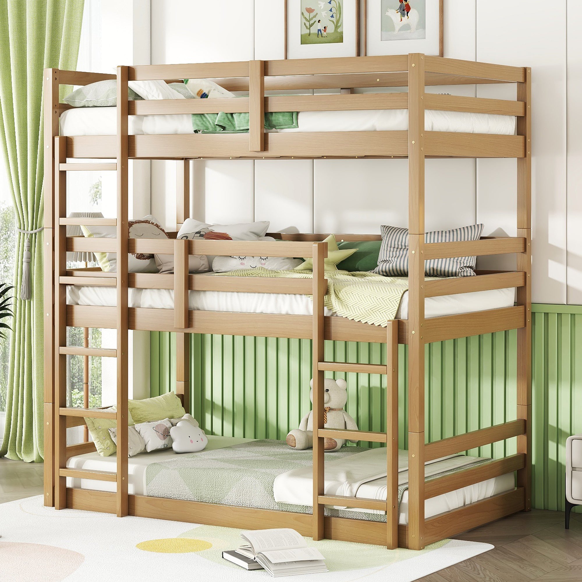 Triple Wood Bunk Bed with Two Built-in Ladders and Guardrails