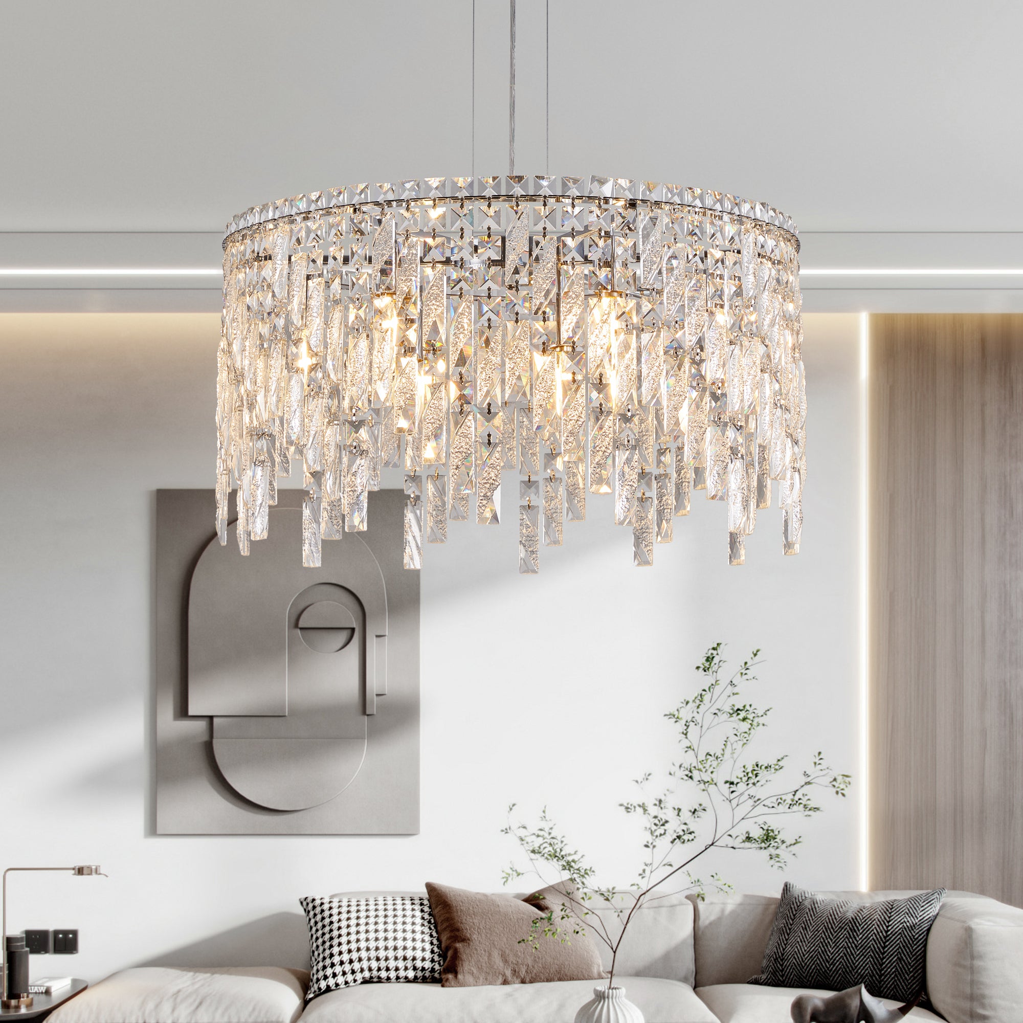 Luxurious Round Crystal Chandelier with Teardrop Crystals and Adjustable Height